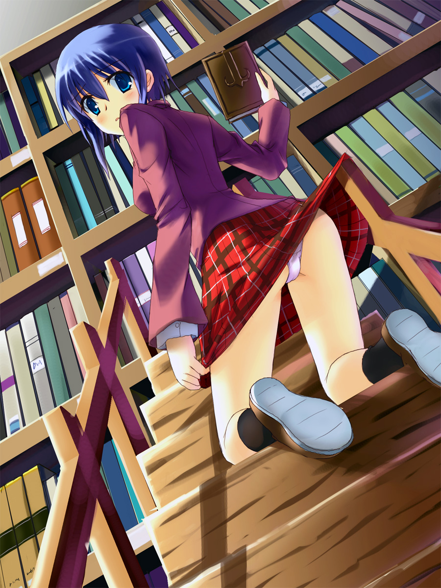 tuanzi, miyazaki nodoka, mahou sensei negima!, original, highres, 00s, ass, blue eyes, blue hair, book, clothes lift, library, looking back, panties, pantyshot, short hair, skirt, skirt lift, solo, stairs, underwear