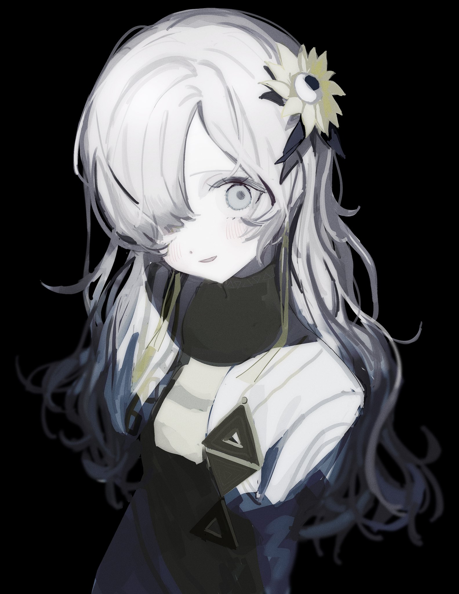 suica 000, isekaijoucho, kamitsubaki studio, highres, 1girl, arms at sides, black background, cropped jacket, dress, flower, grey eyes, hair flower, hair ornament, hair over one eye, head tilt, jacket, long hair, long sleeves, looking at viewer, one eye covered, open clothes, open jacket, open mouth, shadow, simple background, smile, solo, turtleneck, turtleneck dress, virtual youtuber, white hair, white jacket, wide-eyed, yellow dress, yellow flower