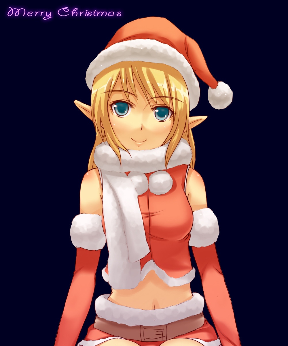 tuanzi, archer (fate), fate (series), original, bad id, bad pixiv id, highres, belt, blonde hair, blue eyes, elbow gloves, elf, feista, gloves, hat, long hair, midriff, outspark, pointy ears, santa costume, santa hat, smile, solo