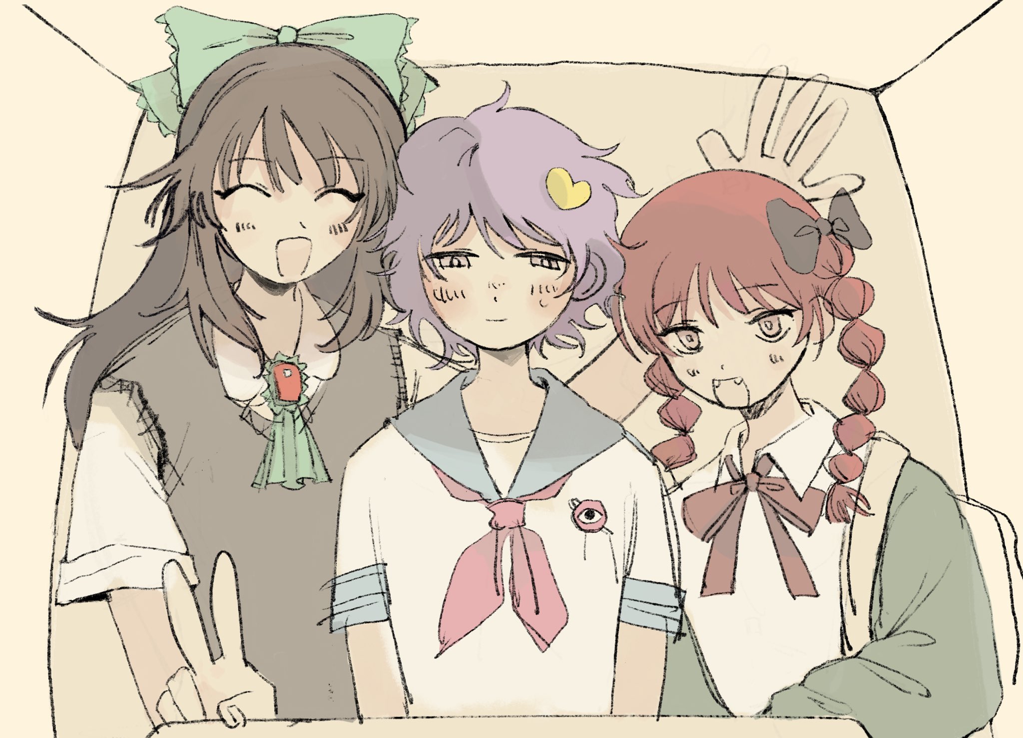 kaenbyou rin, komeiji satori, reiuji utsuho, subterranean animism, touhou, highres, 3girls, :d, ^ ^, alternate costume, arm around back, blue sailor collar, bow, braid, brown hair, closed eyes, dress shirt, eye brooch, fangs, group picture, hair bow, hair ornament, heart, heart hair ornament, jacket, light blush, light smile, long hair, multiple girls, nijurokuuu, open clothes, open jacket, open mouth, photo booth, purple hair, red hair, ribbon, sailor collar, sailor shirt, shirt, short hair, side-by-side, simple background, smile, standing, sweater vest, twin braids, upper body, v