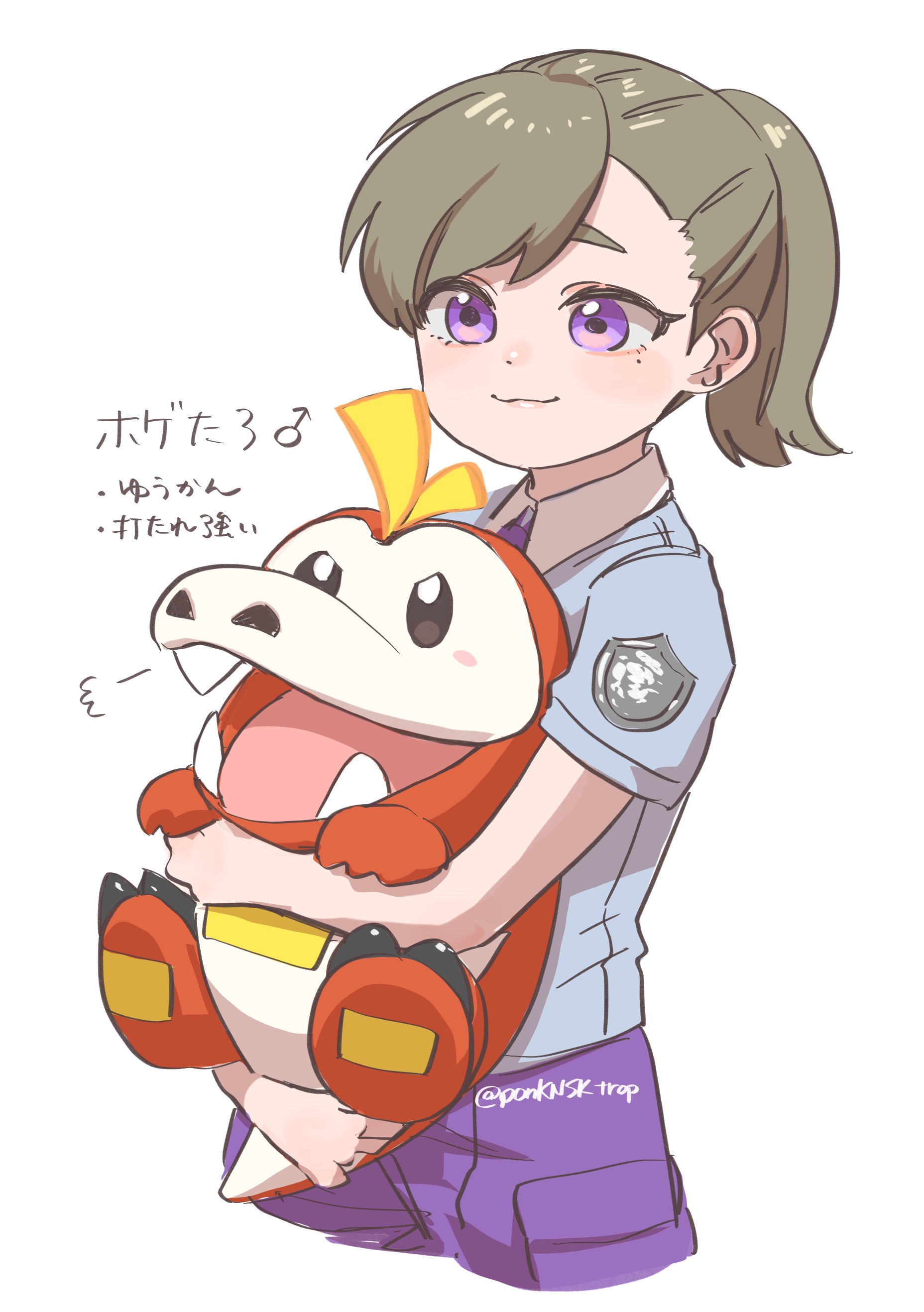 pon (ponymmtknsk), fuecoco, nintendo, pokemon, pokemon sv, absurdres, commentary request, highres, translation request, 1girl, :3, blush, blush stickers, brown hair, closed mouth, collared shirt, cropped legs, eyelashes, fangs, grey shirt, holding, holding pokemon, medium hair, mole, mole under eye, nostrils, open mouth, pokemon (creature), ponytail, purple eyes, school uniform, shirt, short sleeves, simple background, smile, uva academy school uniform, white background