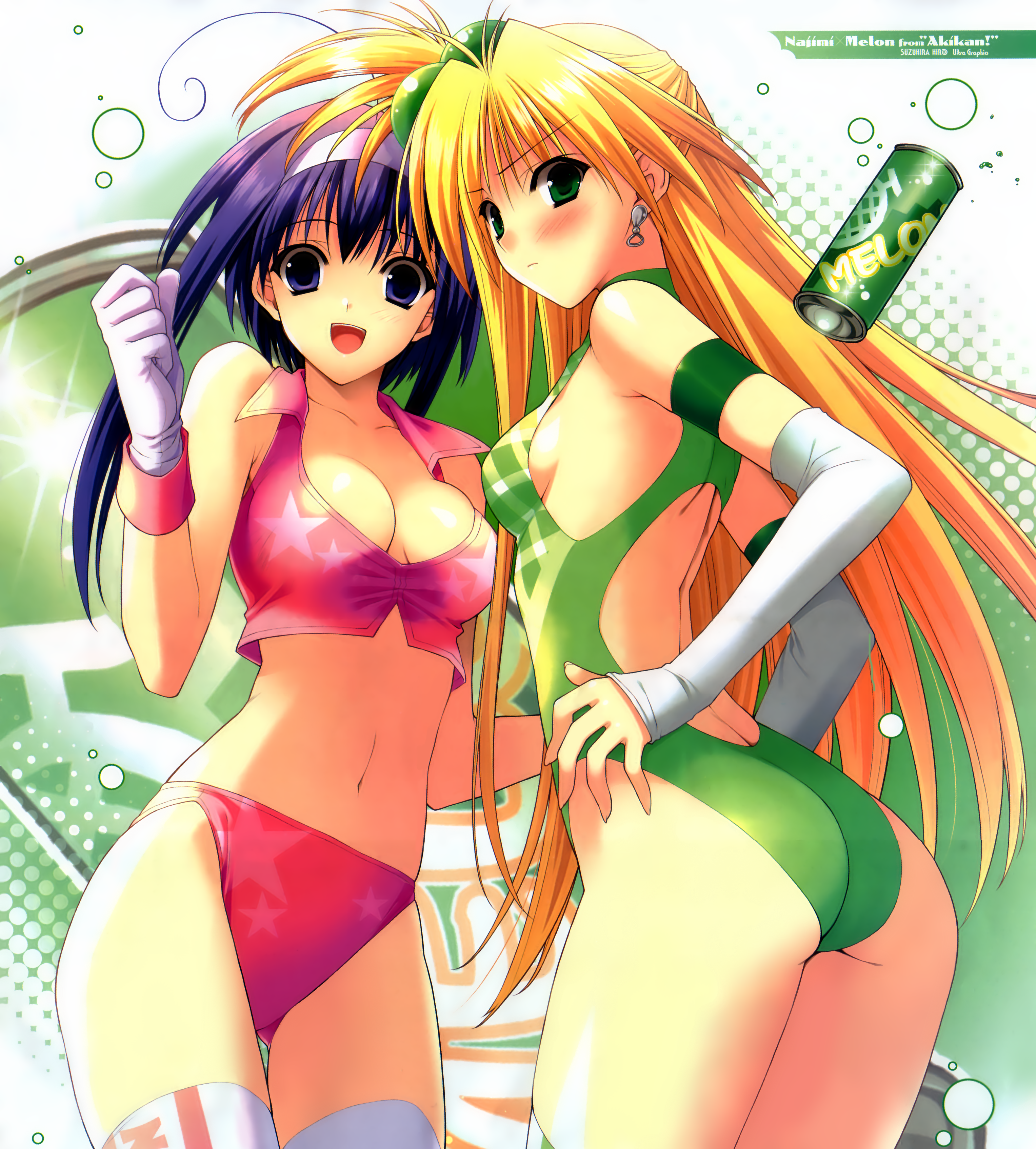 suzuhira hiro, melon (akikan), tenkuuji najimi, akikan!, absurdres, highres, 00s, 2girls, :d, ahoge, armband, ass, bare shoulders, bikini, blonde hair, blue eyes, blush, breasts, casual one-piece swimsuit, cleavage, detached sleeves, earrings, female focus, gloves, green eyes, hair ornament, hairband, jewelry, large breasts, long hair, looking at viewer, midriff, multiple girls, navel, one-piece swimsuit, open mouth, print bikini, purple eyes, purple hair, sideboob, small breasts, smile, sphere hair ornament, star (symbol), star print, star print bikini, swimsuit, thighhighs