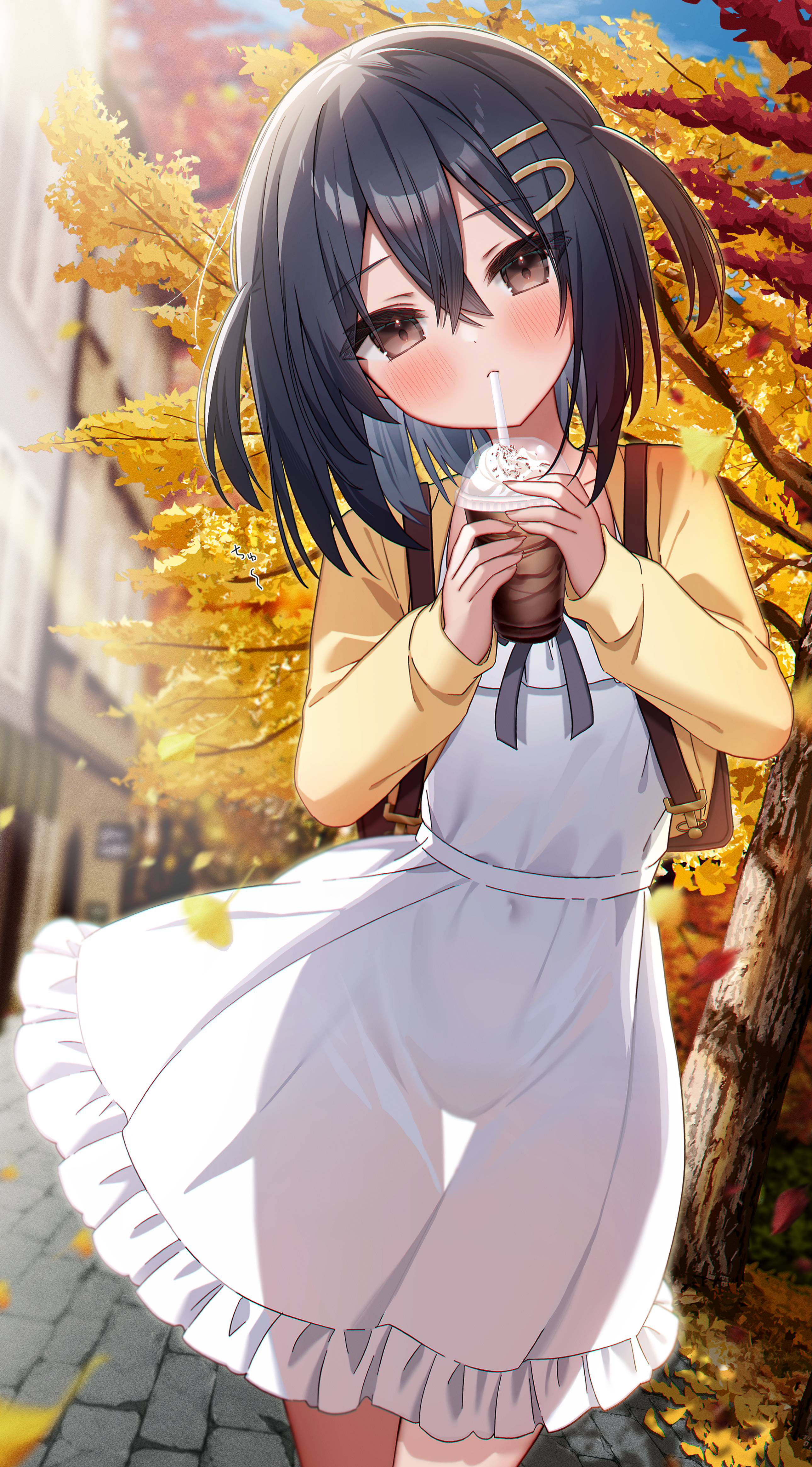kuro namako, original, absurdres, commentary request, highres, translation request, 1girl, autumn leaves, black hair, blurry, blurry background, blush, brown eyes, cowboy shot, crossed bangs, cup, day, disposable cup, dot nose, double-parted bangs, dress, drinking, drinking straw, falling leaves, frilled dress, frills, ginkgo leaf, hair between eyes, hair ornament, hairclip, head tilt, holding, holding cup, jacket, leaf, legs together, long sleeves, looking at viewer, medium hair, navel, open clothes, open jacket, outdoors, see-through silhouette, solo, standing, thigh gap, tree, two side up, white dress, yellow jacket