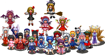 henkurenai, alice margatroid, chen, cirno, flandre scarlet, fujiwara no mokou, hakurei reimu, hong meiling, houraisan kaguya, inaba tewi, izayoi sakuya, kamishirasawa keine, kirisame marisa, konpaku youmu, konpaku youmu (ghost), mystia lorelei, patchouli knowledge, reisen udongein inaba, remilia scarlet, rumia, saigyouji yuyuko, wriggle nightbug, yagokoro eirin, yakumo ran, touhou, bad id, bad pixiv id, lowres, 6+girls, animal hat, antennae, apron, arthropod girl, blonde hair, broom, broom riding, everyone, female focus, fox tail, full body, hat, hitodama, long hair, long sleeves, looking at viewer, mob cap, multiple girls, multiple tails, pink hair, pixel art, red eyes, short hair, standing, tabard, tail, tassel, triangular headpiece, very long hair, waist apron, white background, wide sleeves