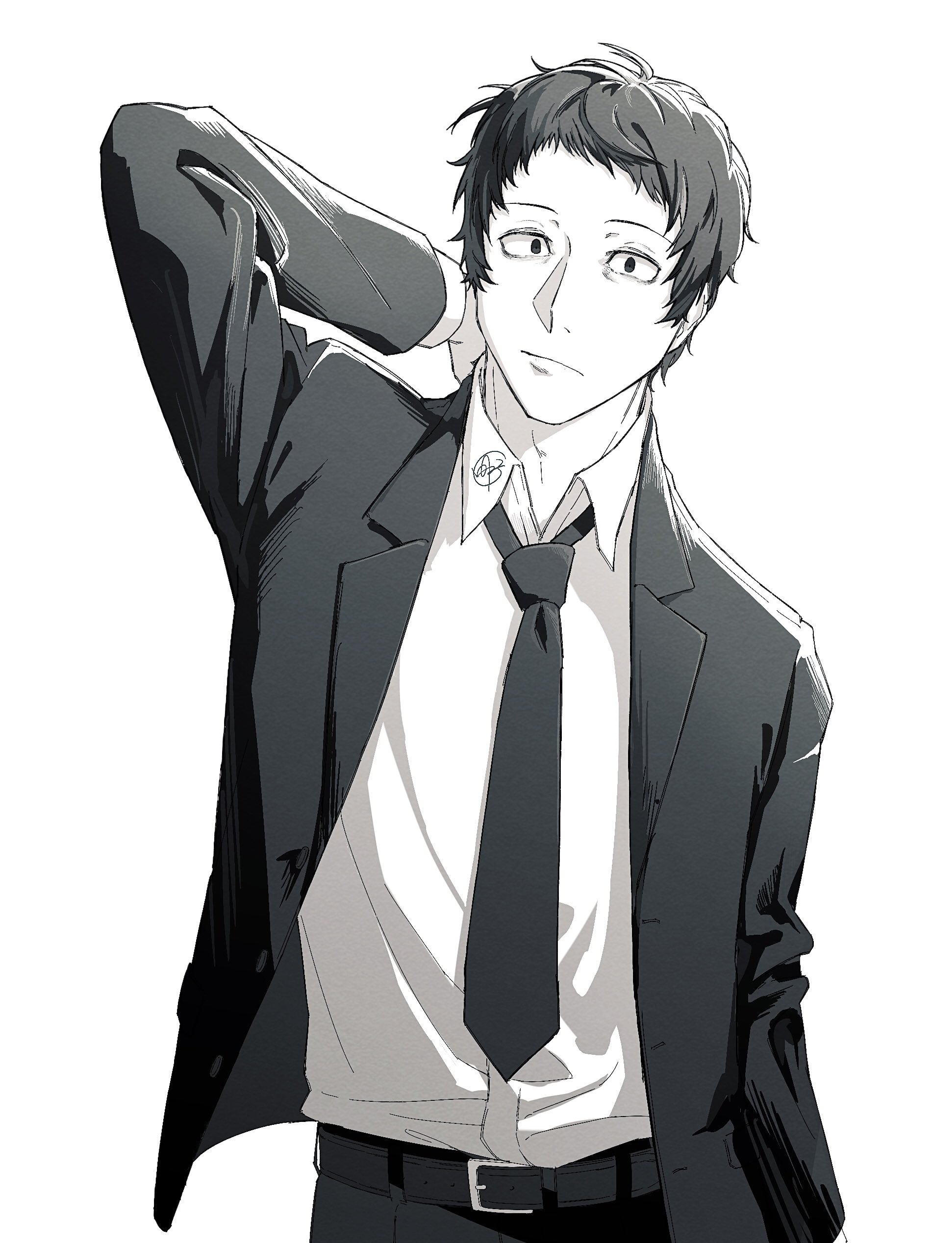 adachi tooru, persona, persona 4, absurdres, commentary request, highres, 1boy, closed mouth, collared shirt, formal clothes, greyscale, hand on own neck, jacket, long sleeves, looking at viewer, male focus, monochrome, necktie, shirt, short hair, simple background, solo, standing, suit, suit jacket, tnkmrcap, upper body, white background