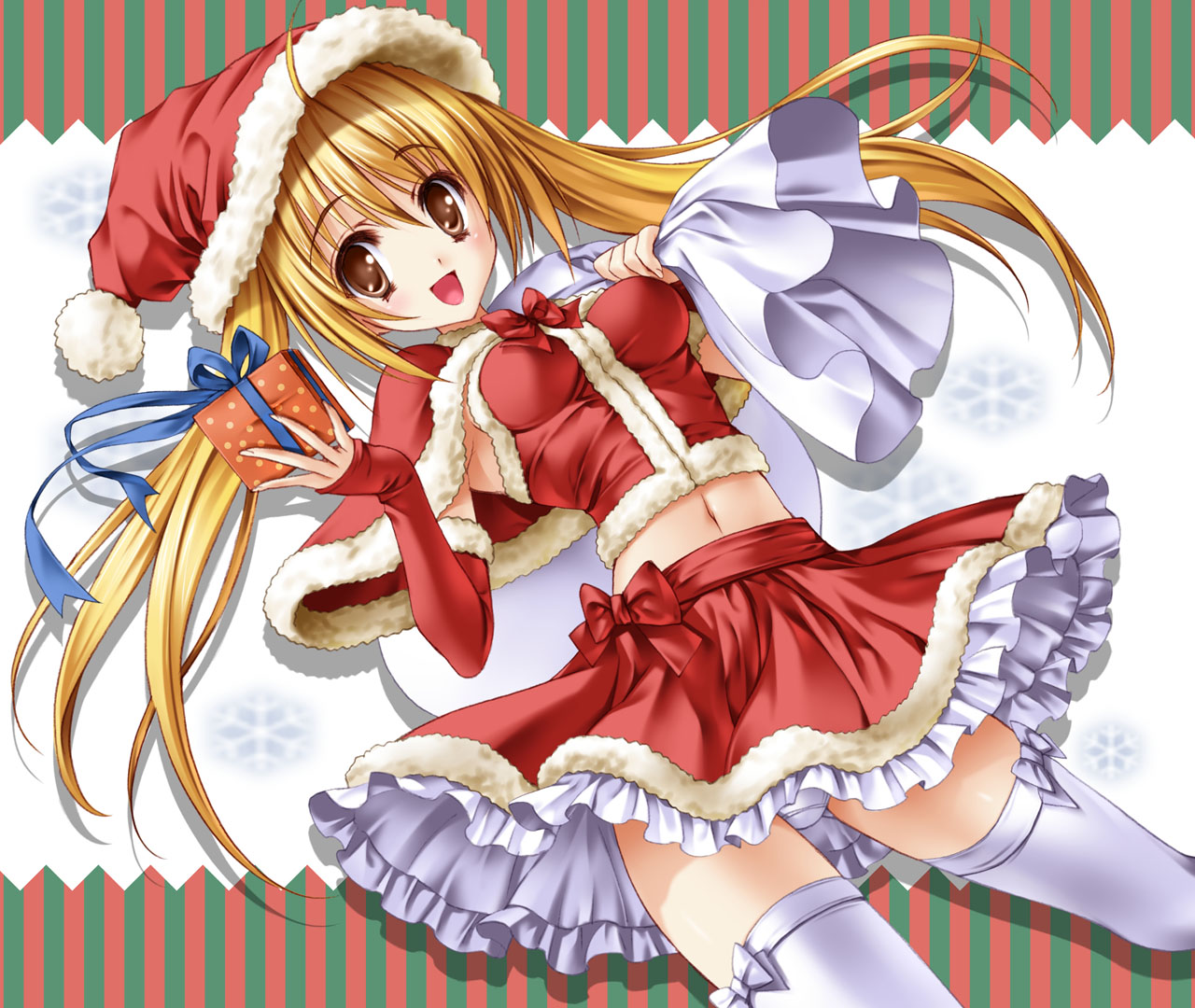 yukiwo, scan, 1girl, :d, blonde hair, blush, bow, brown eyes, female focus, frilled skirt, frills, gift, hat, long hair, long sleeves, midriff, navel, open mouth, panties, pantyshot, santa costume, santa hat, skirt, sleeves past wrists, smile, solo, thighhighs, underwear, upskirt, zettai ryouiki