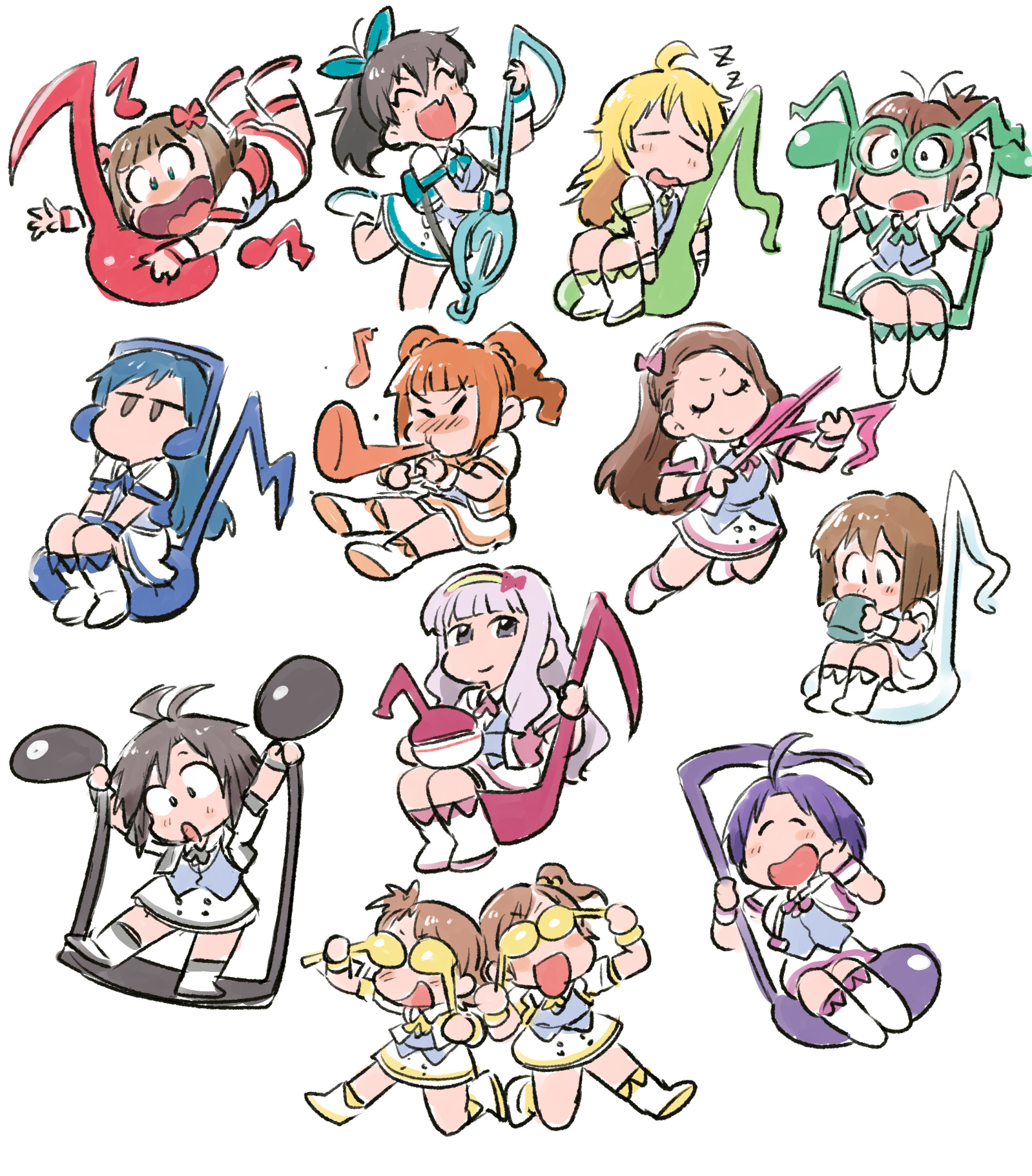 tsubobot, akizuki ritsuko, amami haruka, futami ami, futami mami, ganaha hibiki, hagiwara yukiho, hoshii miki, kikuchi makoto, kisaragi chihaya, minase iori, miura azusa, shijou takane, takatsuki yayoi, idolmaster, idolmaster (classic), idolmaster shiny festa, highres, 6+girls, black hair, blonde hair, blue hair, brown hair, chibi, chibi only, closed eyes, closed mouth, cup, drinking, fang, headphones, holding, holding cup, instrument, jacket, long hair, multiple girls, music, musical note, official alternate costume, open mouth, orange hair, playing instrument, ponytail, short hair, simple background, sitting, skin fang, skirt, smile, symphony no. 765 (idolmaster), trumpet, twintails, white background, white jacket, white skirt