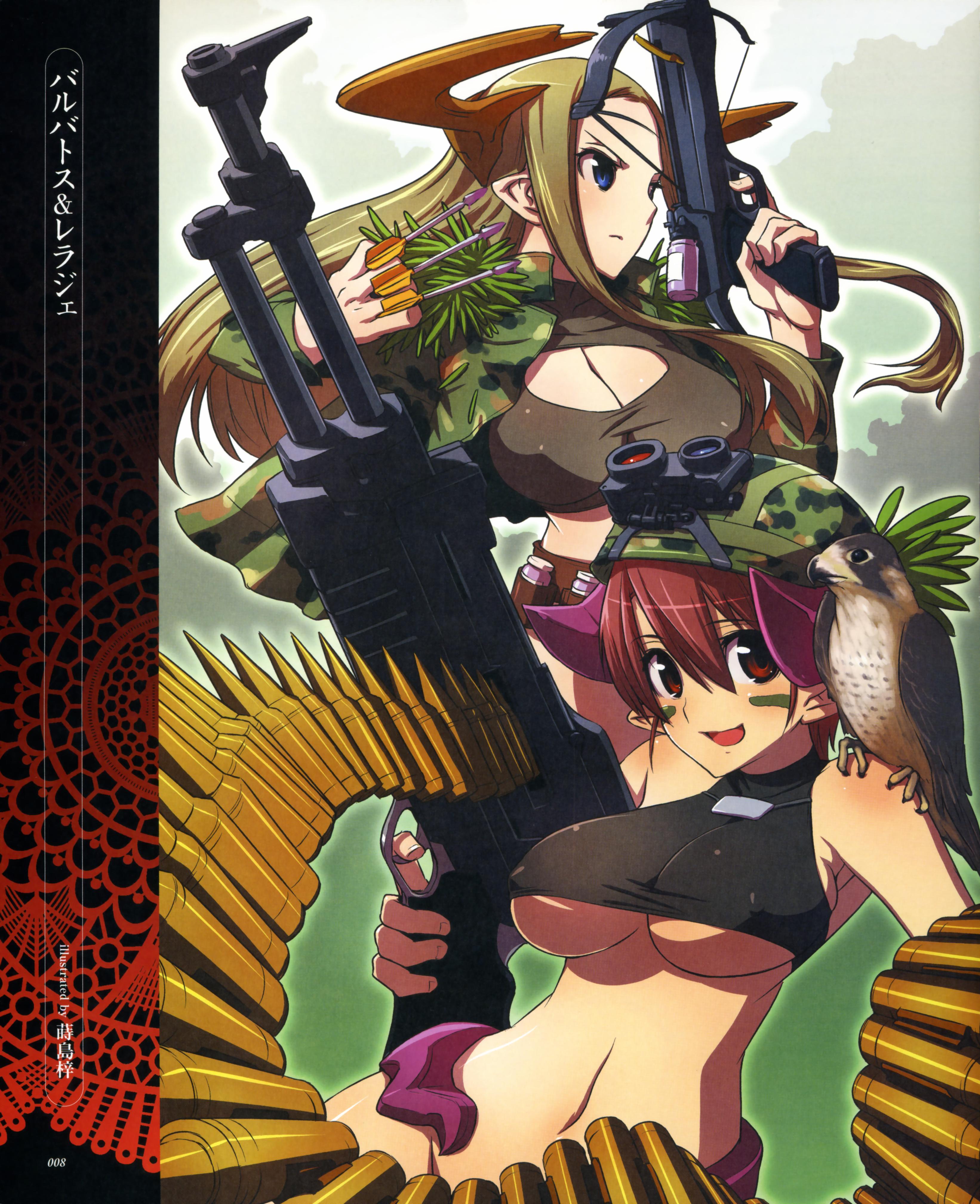 makishima azusa, absurdres, highres, source request, translation request, ammunition, ammunition belt, arrow (projectile), bow (weapon), breasts, bullet, camouflage, cleavage, crop top, crossbow, demon girl, gun, handgun, helmet, horns, huge breasts, large breasts, long hair, machine gun, midriff, pistol, pointy ears, red eyes, red hair, rifle cartridge, smile, underboob, weapon