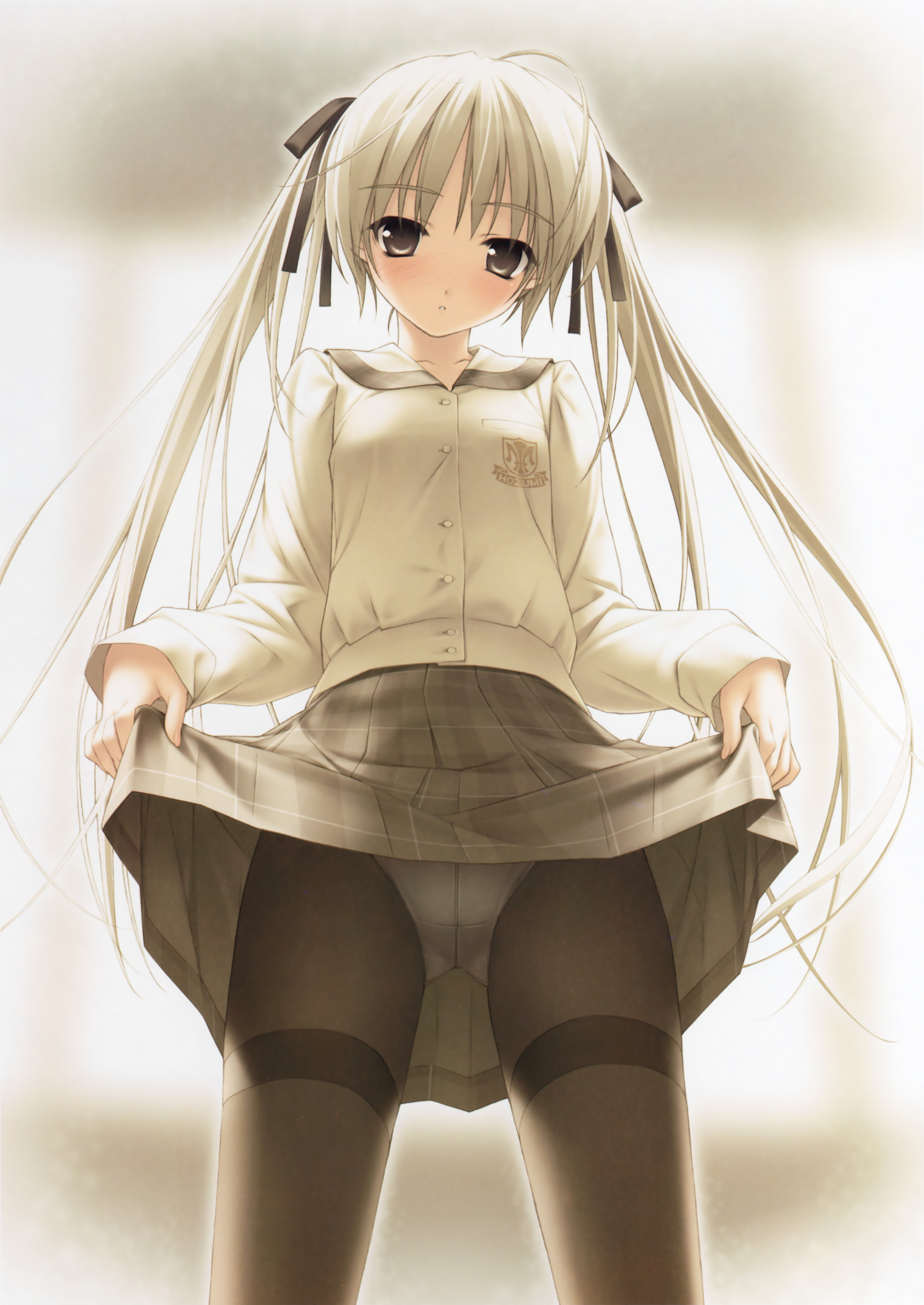hashimoto takashi, kasugano sora, yosuga no sora, absurdres, highres, 1girl, blush, brown eyes, clothes lift, crotch seam, female focus, hair ribbon, lifting own clothes, long hair, panties, panties under pantyhose, pantyhose, ribbon, school uniform, skirt, skirt lift, solo, thighband pantyhose, twintails, underwear, upskirt, white hair
