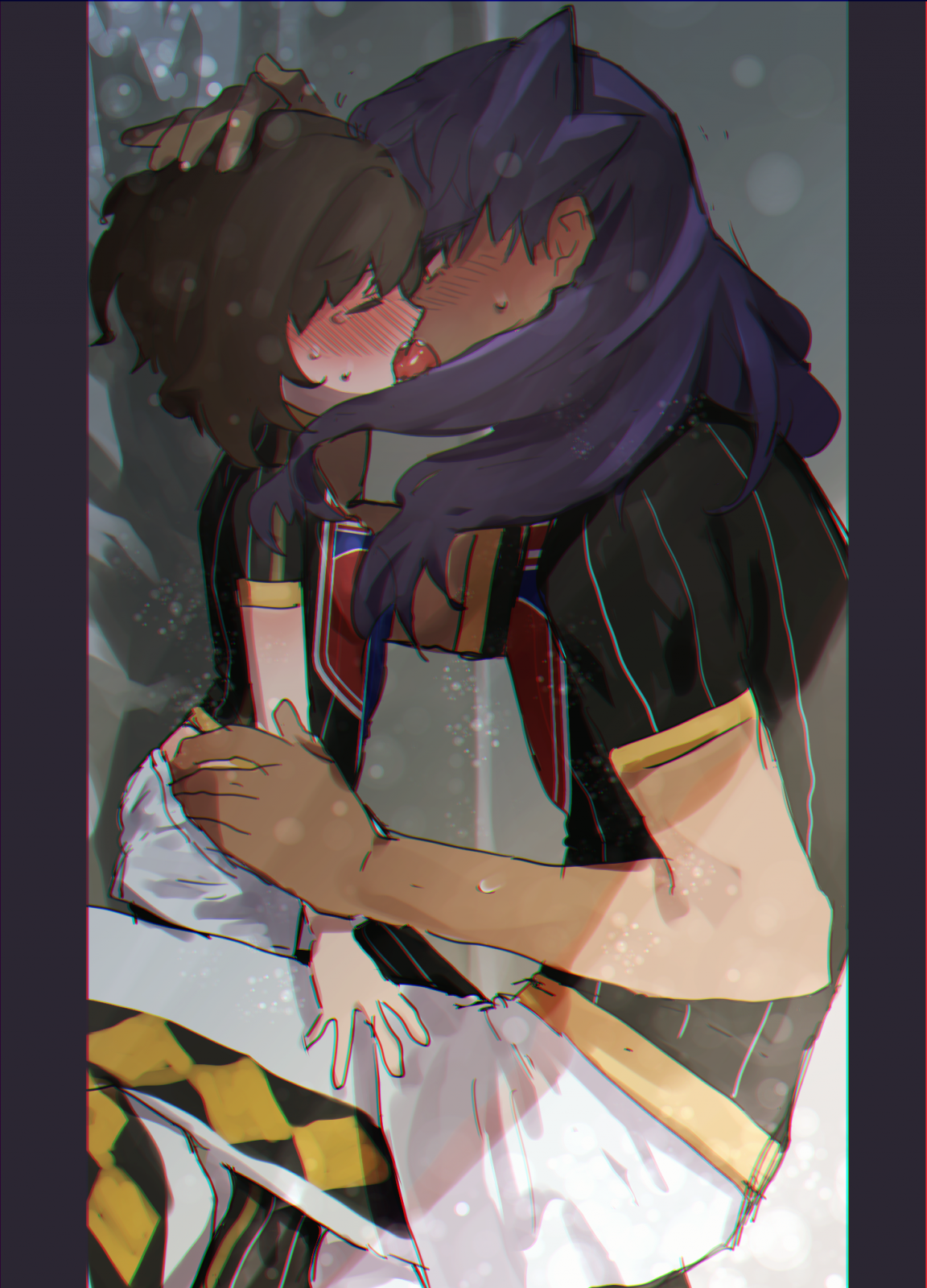 senta (ysk 0218), gloria (pokemon), leon (pokemon), nintendo, pokemon, pokemon swsh, highres, 1boy, 1girl, against wall, age difference, black shirt, blush, brown hair, closed eyes, facing another, french kiss, hand on another's back, hand on another's head, hand on another's waist, hetero, jersey, kiss, kneeling, looking at another, lying, on back, on ground, outdoors, pants, purple hair, shirt, straddling, striped clothes, striped shirt, tongue, tongue out, white pants