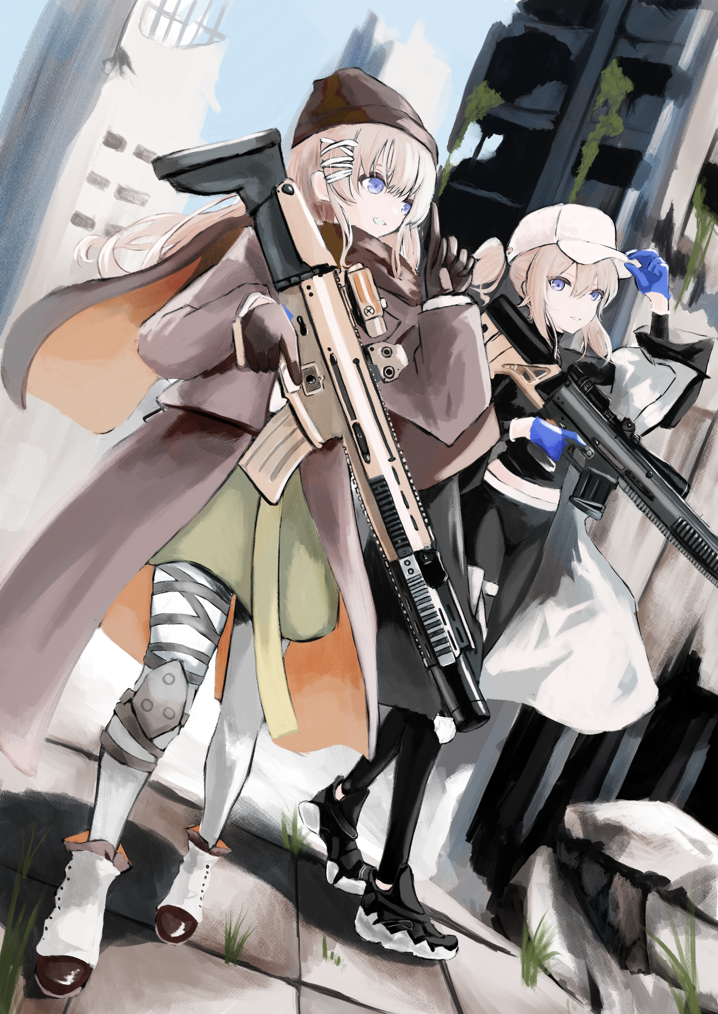 nisoichi, scar-h (girls' frontline), scar-l (girls' frontline), girls' frontline, absurdres, commentary request, highres, 2girls, adjusting clothes, adjusting headwear, assault rifle, baseball cap, black gloves, black leggings, blonde hair, blue eyes, blue gloves, bodysuit, city, day, fn mk 20 ssr, fn scar 16, full body, gloves, gun, hair ornament, hat, holding, holding gun, holding weapon, jacket, knee pads, leggings, long hair, long sleeves, looking at viewer, multiple girls, open mouth, outdoors, parted lips, rifle, ruins, scope, shirt, sidelocks, single knee pad, smile, sniper rifle, teeth, turtleneck, turtleneck bodysuit, weapon