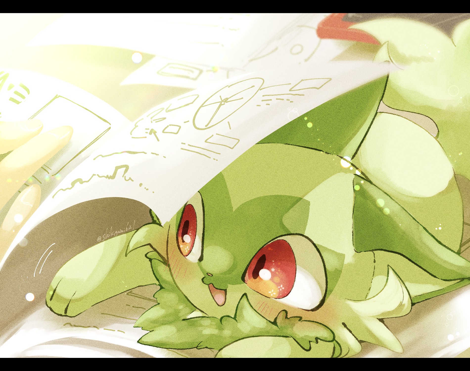 naoto (shion), sprigatito, nintendo, pokemon, commentary request, highres, 1other, book, cat, fingernails, green cat, green fur, lying, motion lines, on stomach, open book, open mouth, out of frame, paper, pokemon (creature), pokemon focus, red eyes, twitter username