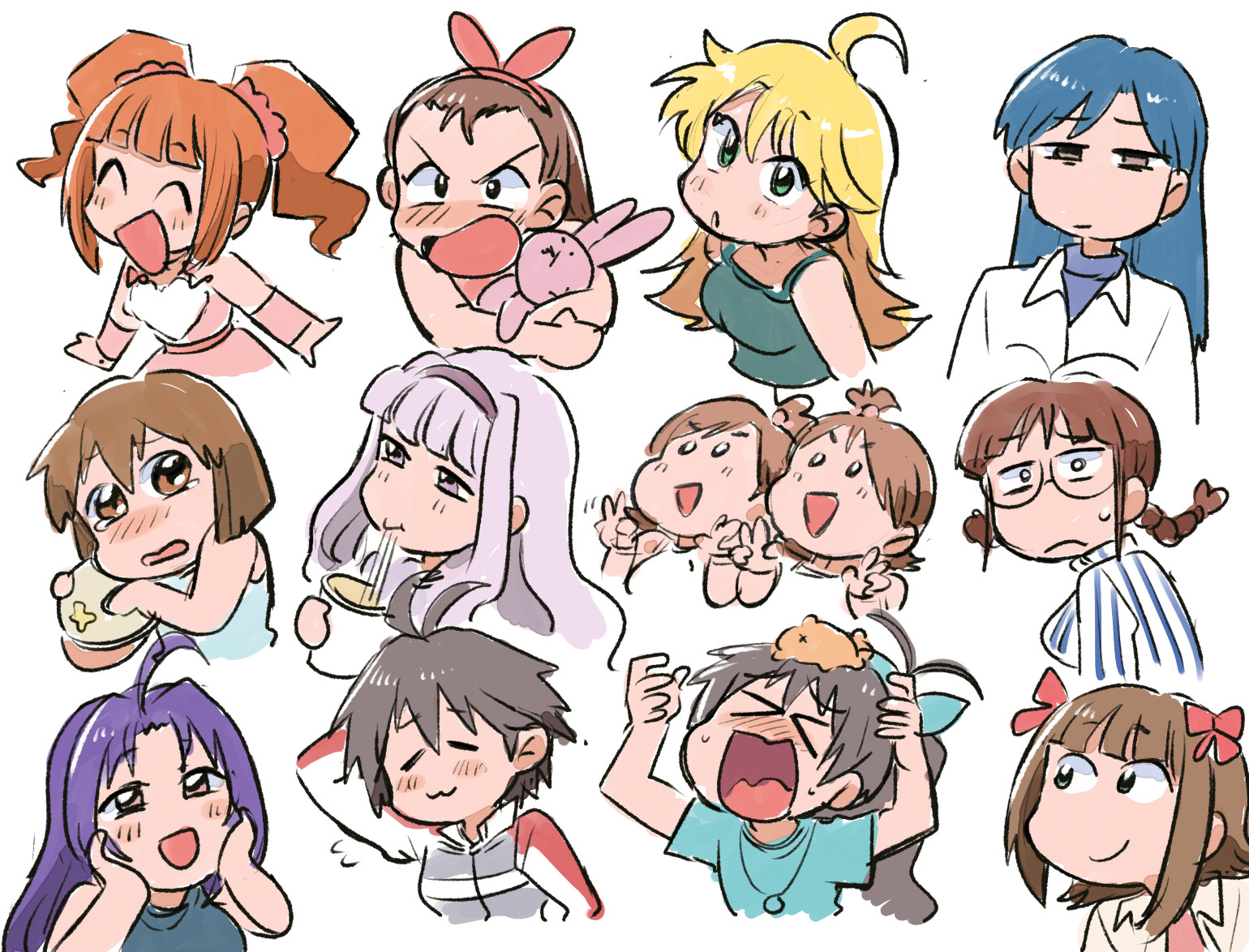 tsubobot, akizuki ritsuko, amami haruka, futami ami, futami mami, ganaha hibiki, hagiwara yukiho, hoshii miki, kikuchi makoto, kisaragi chihaya, minase iori, miura azusa, shijou takane, takatsuki yayoi, idolmaster, idolmaster (classic), idolmaster 1, braided twintails, > <, 6+girls, :3, ahoge, arms behind head, blonde hair, blue hair, bow, braid, brown eyes, brown hair, closed eyes, cute & girly (idolmaster), food, green eyes, grey hair, hair bow, hairband, holding, holding stuffed toy, long hair, looking at viewer, multiple girls, multiple hair bows, noodles, official alternate costume, open mouth, orange hair, red bow, shirt, short hair, simple background, slurping, smile, snow strawberry (idolmaster), stuffed animal, stuffed rabbit, stuffed toy, twintails, usa-chan (idolmaster), white background, white shirt
