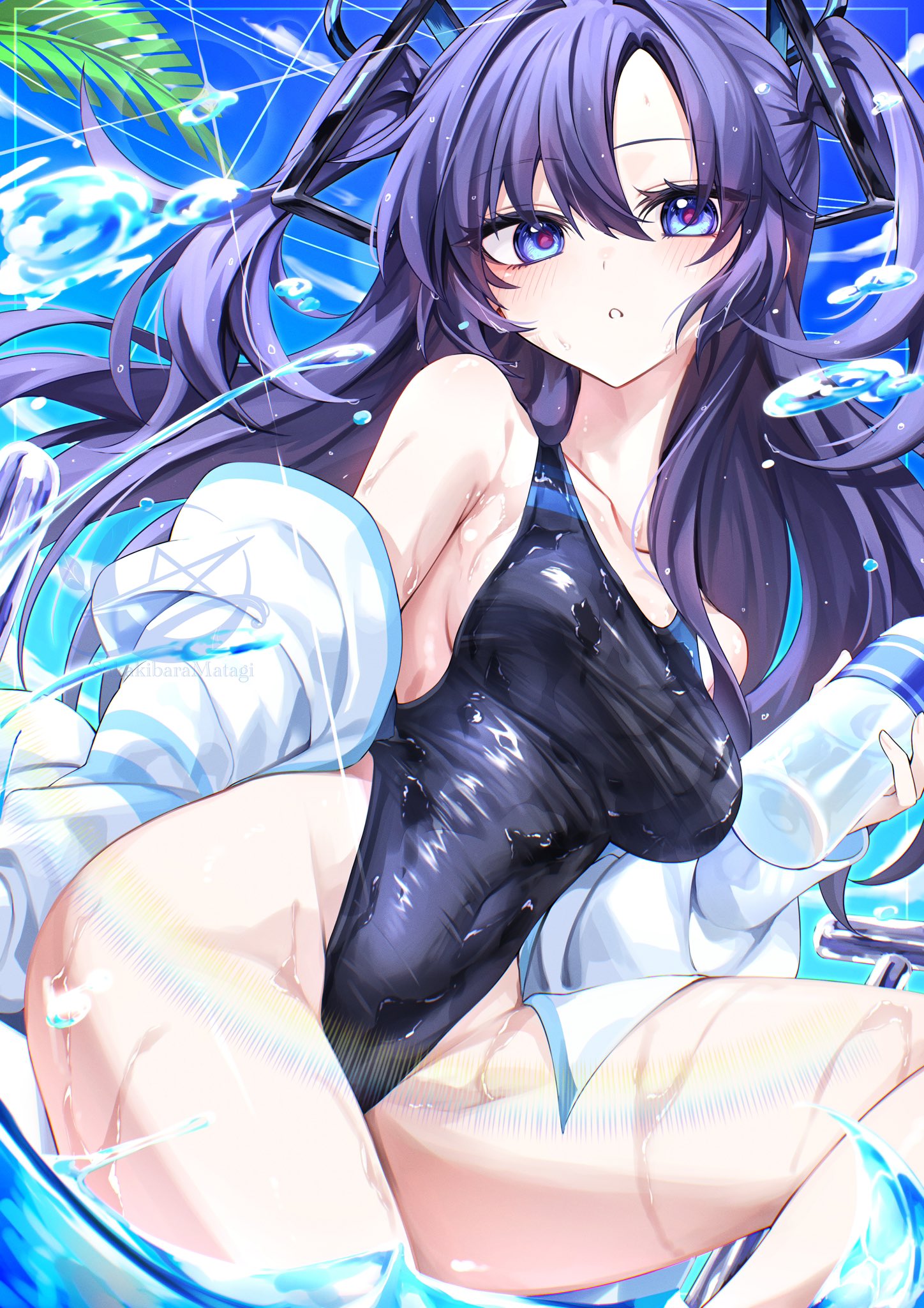 matagi 14, yuuka (blue archive), blue archive, commentary, highres, 1girl, :o, artist name, black halo, blue eyes, blue one-piece swimsuit, bottle, breasts, bubble, competition swimsuit, floating hair, hair between eyes, hair ornament, halo, highleg, highleg one-piece swimsuit, holding, holding bottle, jacket, lens flare, light blush, long hair, looking at viewer, mechanical halo, medium breasts, off shoulder, one-piece swimsuit, open clothes, open jacket, palm leaf, parted lips, plastic bottle, purple hair, red pupils, solo, swimsuit, triangle hair ornament, two side up, very long hair, water, water bottle, water drop, wet, wet clothes, wet swimsuit, white jacket