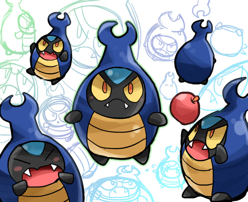 nono (norabi), karrablast, nintendo, pokemon, commentary request, :<, apple, blush, blush stickers, closed eyes, closed mouth, colored sclera, fangs, food, fruit, full body, gen 5 pokemon, multiple views, no humans, open mouth, orange eyes, pokemon (creature), pokemon focus, v-shaped eyes, yellow sclera