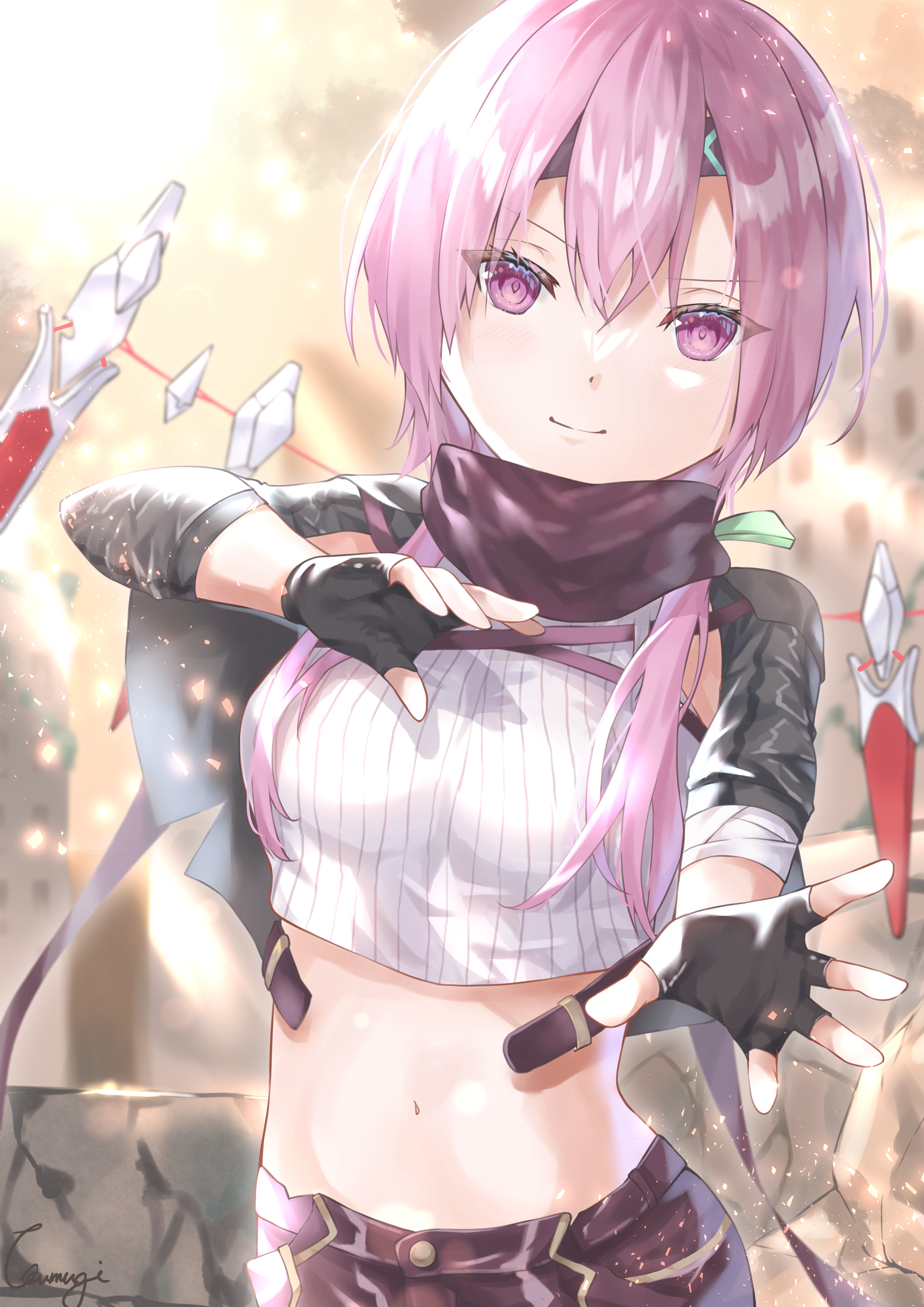 tsumugi-t, matsuoka chiroru, heaven burns red, absurdres, highres, 1girl, bandages, black capelet, black gloves, black headband, black scarf, breasts, capelet, closed mouth, crop top, fingerless gloves, floating, floating object, floating weapon, gloves, hair between eyes, headband, knife, long hair, looking at viewer, medium breasts, midriff, navel, pink eyes, pink hair, purple eyes, ribbed shirt, scarf, shirt, shorts, sleeveless, smile, solo, upper body, v-shaped eyebrows, weapon, white shirt