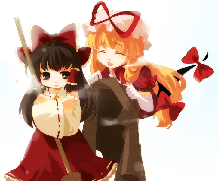 chaba (hortensia), hakurei reimu, yakumo yukari, touhou, 2girls, female focus, gap (touhou), hat, holding, holding jacket, holding unworn clothes, jacket, mob cap, multiple girls, unworn jacket