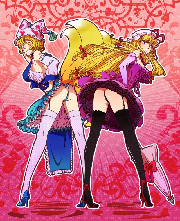 yukataro, yakumo ran, yakumo yukari, touhou, black legwear, white legwear, bad id, bad pixiv id, 2girls, alternate headwear, arched back, ass, bare shoulders, bent over, blonde hair, blush, detached sleeves, dress, elbow gloves, female focus, fox tail, frilled dress, frills, garter belt, gloves, hand on own cheek, hand on own face, hat, heart, high heels, leaning forward, long hair, looking at viewer, looking back, multiple girls, multiple tails, panties, purple eyes, ribbon, shoes, short hair, tail, thighhighs, umbrella, underwear, yellow eyes