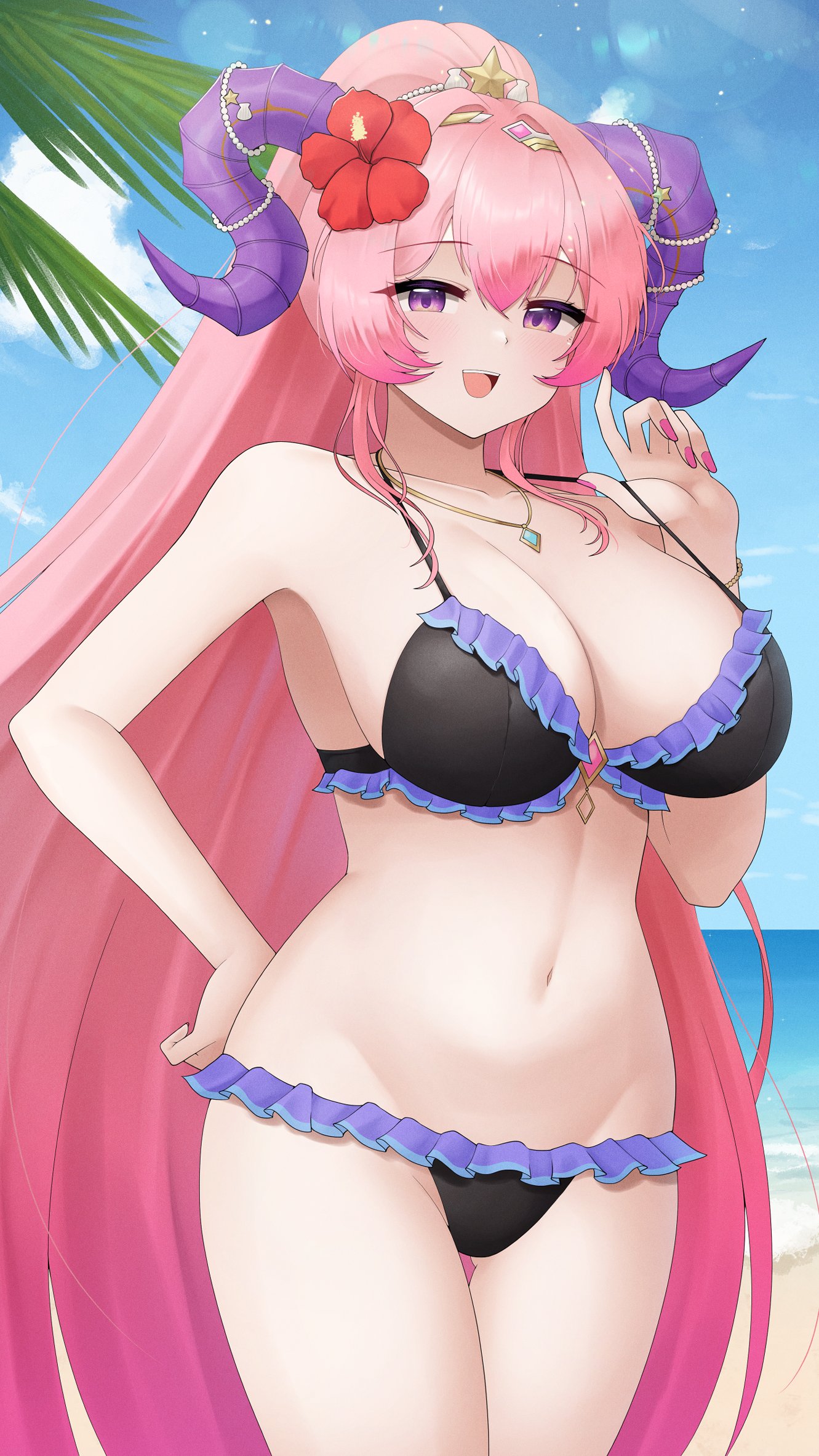doiparuni, nerthuz (fire emblem), nerthuz (summer) (fire emblem), fire emblem, fire emblem heroes, nintendo, highres, 1girl, bare arms, bare shoulders, beach, bikini, black bikini, blue sky, blush, breasts, cleavage, cloud, collarbone, curled horns, flower, gluteal fold, goat horns, hair flower, hair ornament, hand on own hip, horns, jewelry, large breasts, large horns, long hair, looking at viewer, multicolored hair, navel, necklace, ocean, official alternate costume, open mouth, outdoors, palm leaf, palm tree, pink hair, ponytail, purple eyes, purple horns, sky, smile, solo, stomach, strap pull, swimsuit, thighs, tiara, tree, very long hair, water