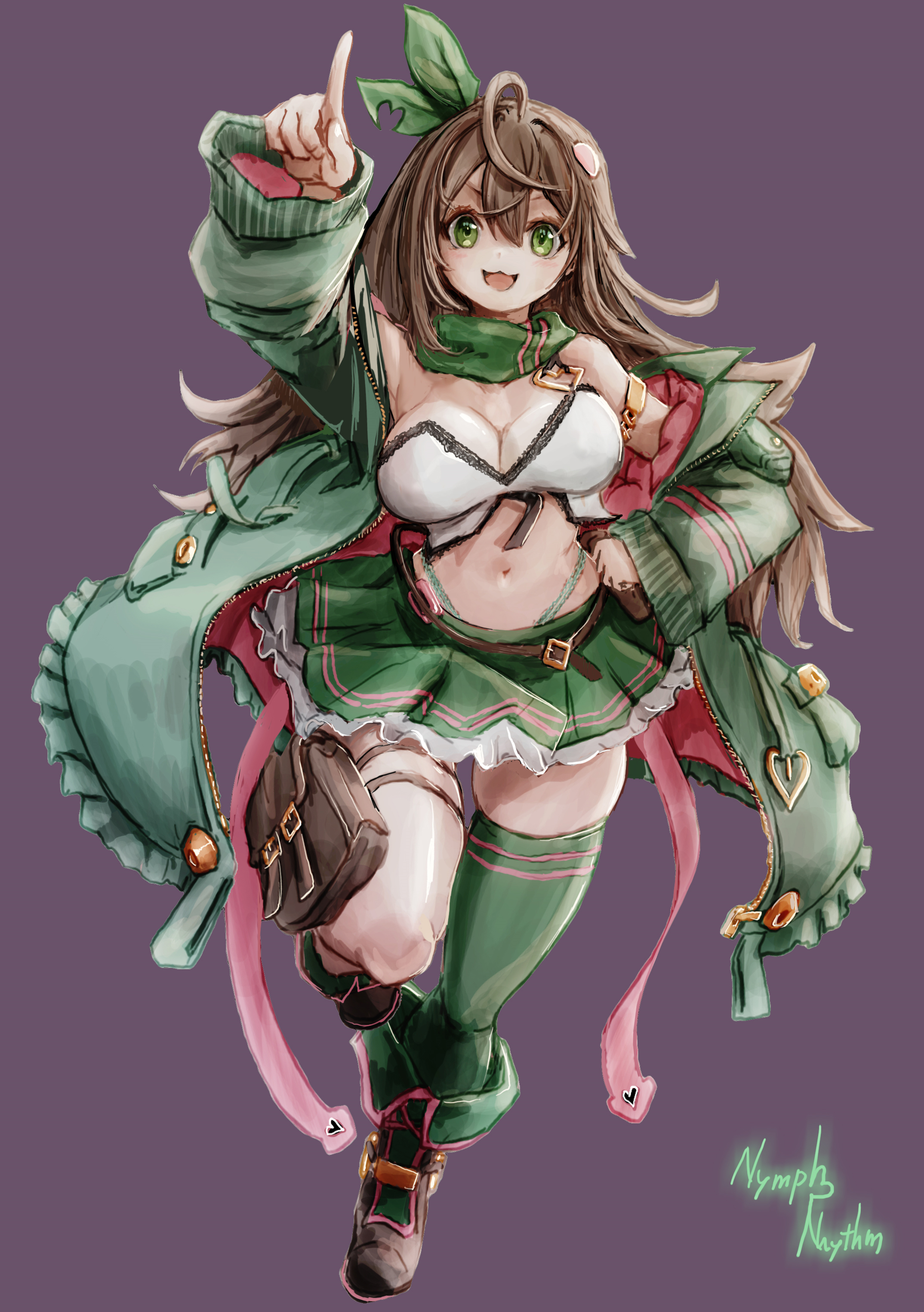 nymph rhythm, nifry (nymph rhythm), original, absurdres, highres, 1girl, ahoge, artist name, bag, bare shoulders, belt, boots, breasts, brown hair, cleavage, coat, green eyes, green skirt, hair ornament, large breasts, long hair, long sleeves, midriff, navel, puffy sleeves, purple background, scarf, signature, simple background, skirt, solo, standing, standing on one leg, thick thighs, thighs