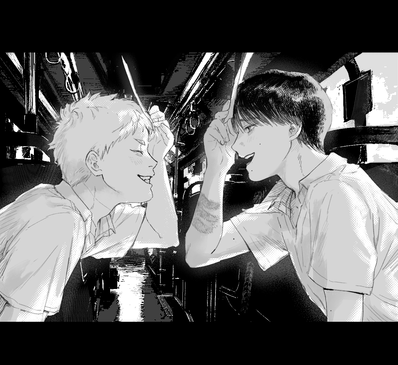 indou hikaru, tsujinaka yoshiki, hikaru ga shinda natsu, commentary, english commentary, highres, 2boys, 8927ci, arm up, closed eyes, collared shirt, fingernails, from side, greyscale, grin, holding, letterboxed, looking at another, male focus, monochrome, multiple boys, open collar, open mouth, scene reference, shirt, short sleeves, smile, teeth, train interior, upper body, upper teeth only, wing collar