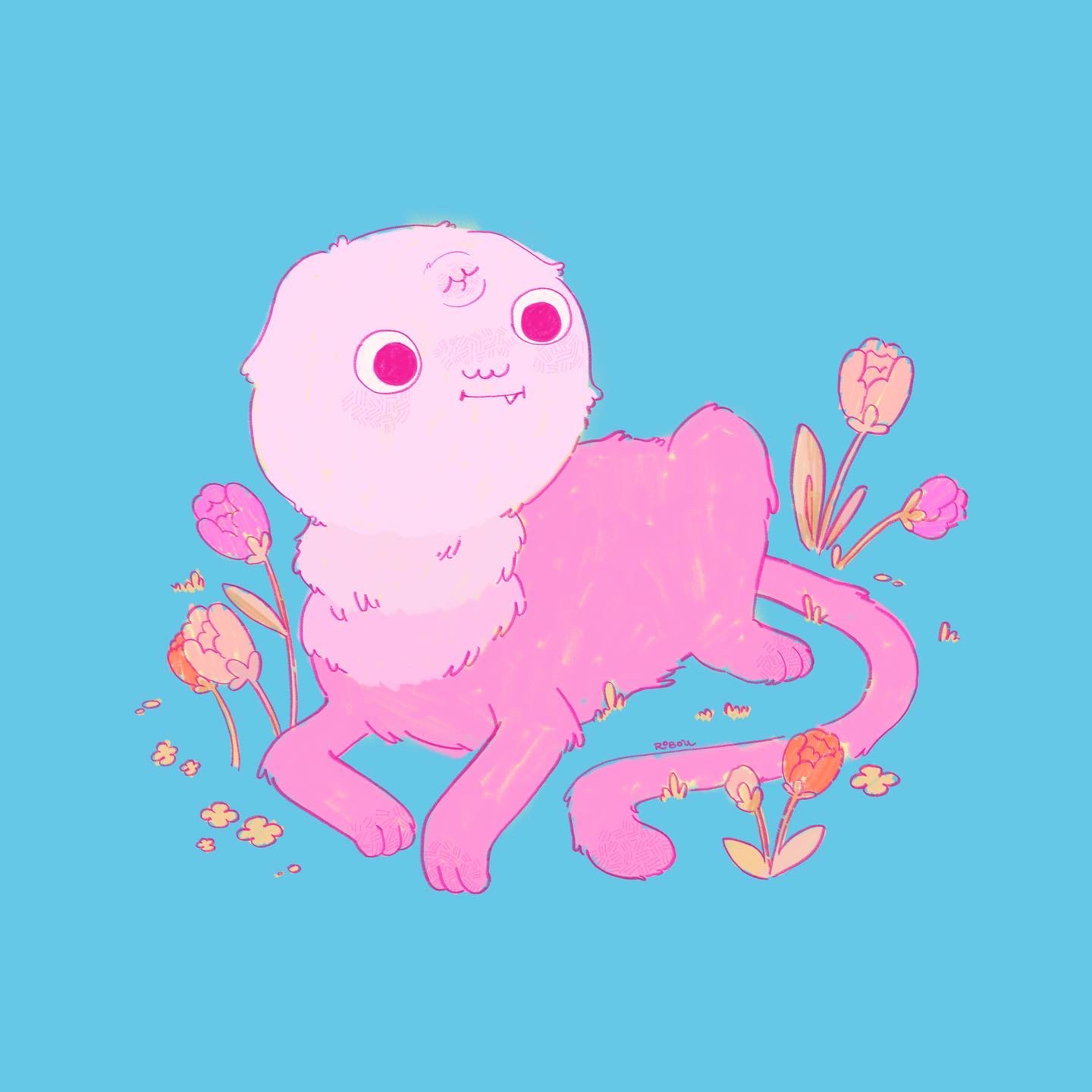 goliad, adventure time, commentary, highres, blue background, closed mouth, fang, flower, full body, no humans, pink eyes, pink fur, r0bou, simple background, smile, solo, third eye closed