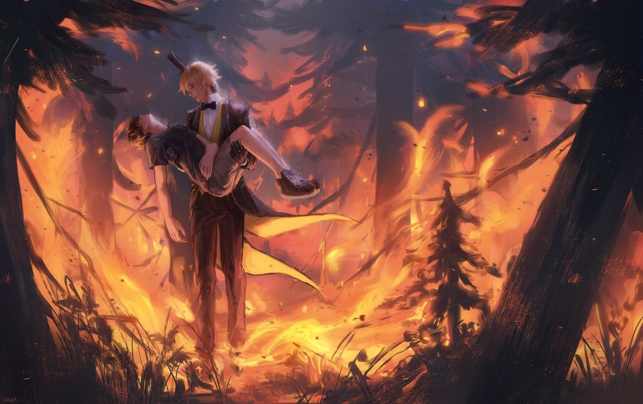 suikamelony, bill cipher, dipper pines, gravity falls, 2boys, blonde hair, brown hair, carrying, fire, forest, hat, lips, male focus, multiple boys, nature, painterly, personification, princess carry, realistic, shirt, short hair, shorts, t-shirt, top hat, tree
