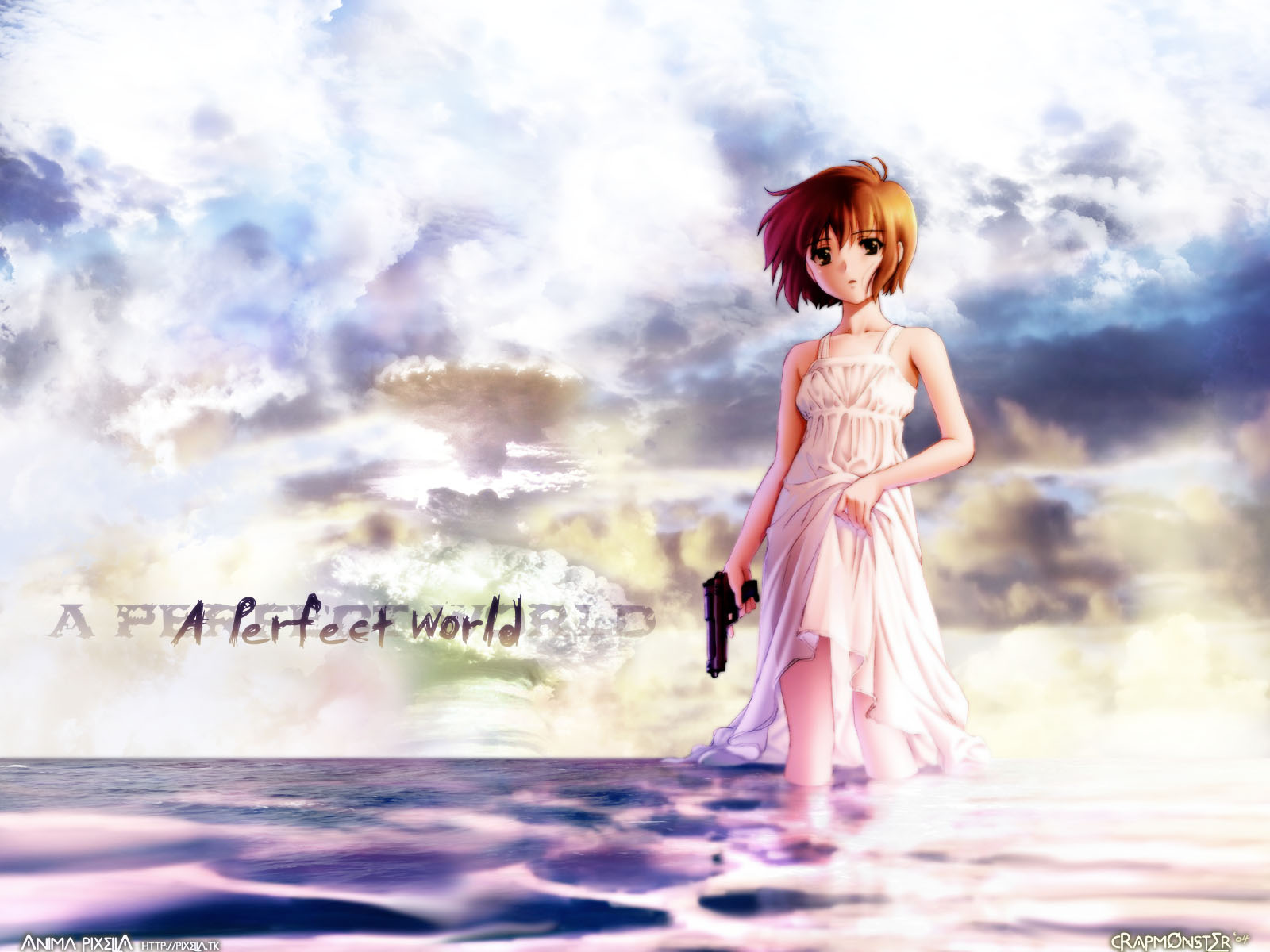 yuumura kirika, noir (anime), highres, 00s, 1girl, brown hair, cloud, dress, female focus, gun, handgun, ocean, outdoors, partially submerged, pistol, short hair, sky, solo, standing, weapon