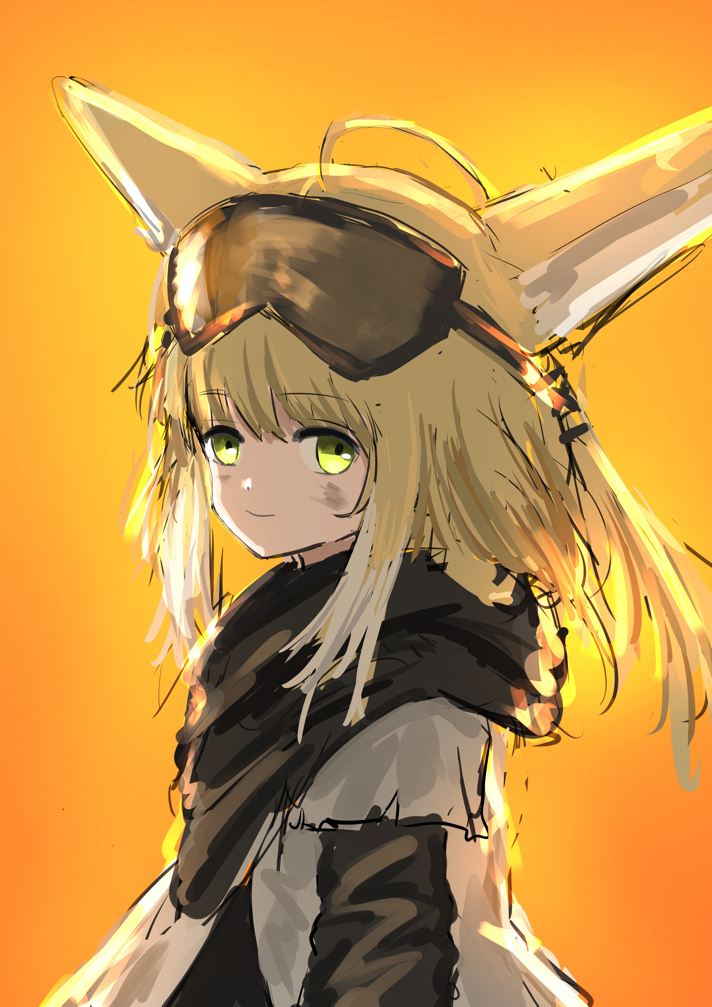 suzuran (arknights), suzuran (lostlands flowering) (arknights), arknights, absurdres, commentary request, highres, 1girl, animal ears, black scarf, blonde hair, closed mouth, dirty, dirty face, fox ears, fox girl, goggles, goggles on head, green eyes, grey tunic, kirindekasugi, light smile, long sleeves, looking at viewer, medium hair, official alternate costume, orange background, scarf, solo, tunic