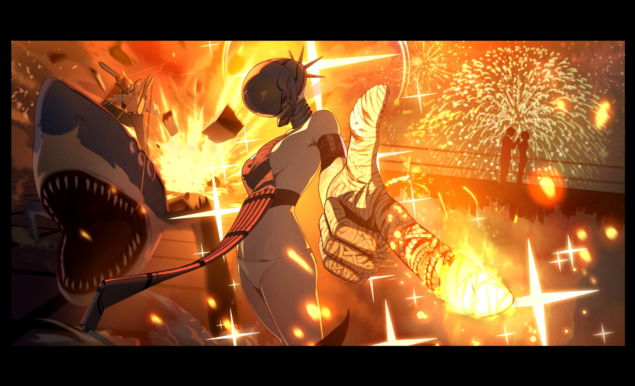 k.pumpkin, bomb devil (chainsaw man), chainsaw man, highres, 1girl, apron, black apron, bomb, elbow gloves, explosion, explosion background, explosive, gloves, no undershirt, nuclear weapon, object head, shark, sharp teeth, teeth, transformation