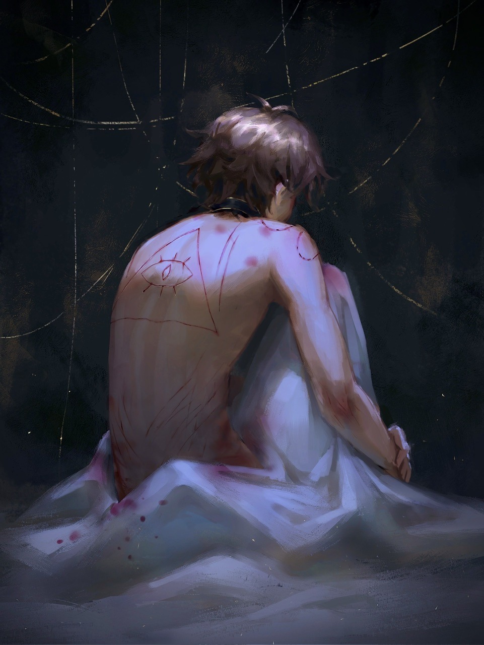 suikamelony, bill cipher, dipper pines, gravity falls, highres, 1boy, aftersex, aged up, bite mark, blanket, blood, brown hair, collar, hickey, implied yaoi, injury, male focus, nude, scratches, sitting, solo