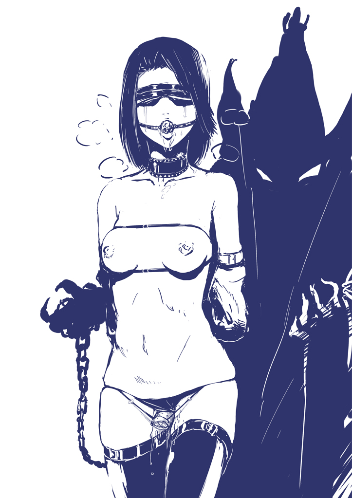 hume (artist), red mage (final fantasy), final fantasy, final fantasy xi, 00s, 1girl, armbinder, ball gag, bdsm, blindfold, bondage, bound, breasts, chain, collar, demon, dildo, eye blinder, female focus, gag, gagged, hume, humiliation, monochrome, nipples, panties, saliva, sex toy, short hair, slave, solo, strap, tears, thighhighs, underwear, wet, wiffle gag