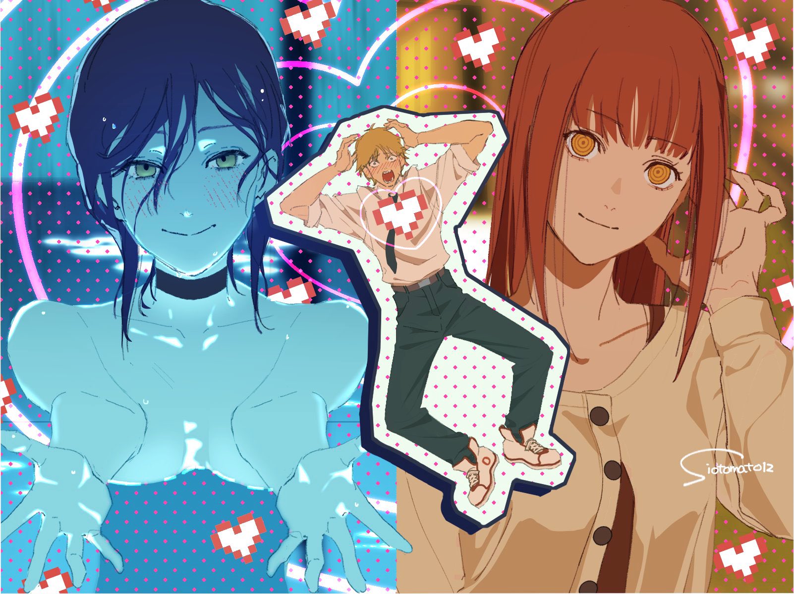 siotomato, denji (chainsaw man), makima (chainsaw man), reze (chainsaw man), chainsaw man, highres, 1boy, 2girls, artist name, black choker, black hair, blonde hair, choker, multiple girls, red hair, ringed eyes, signature