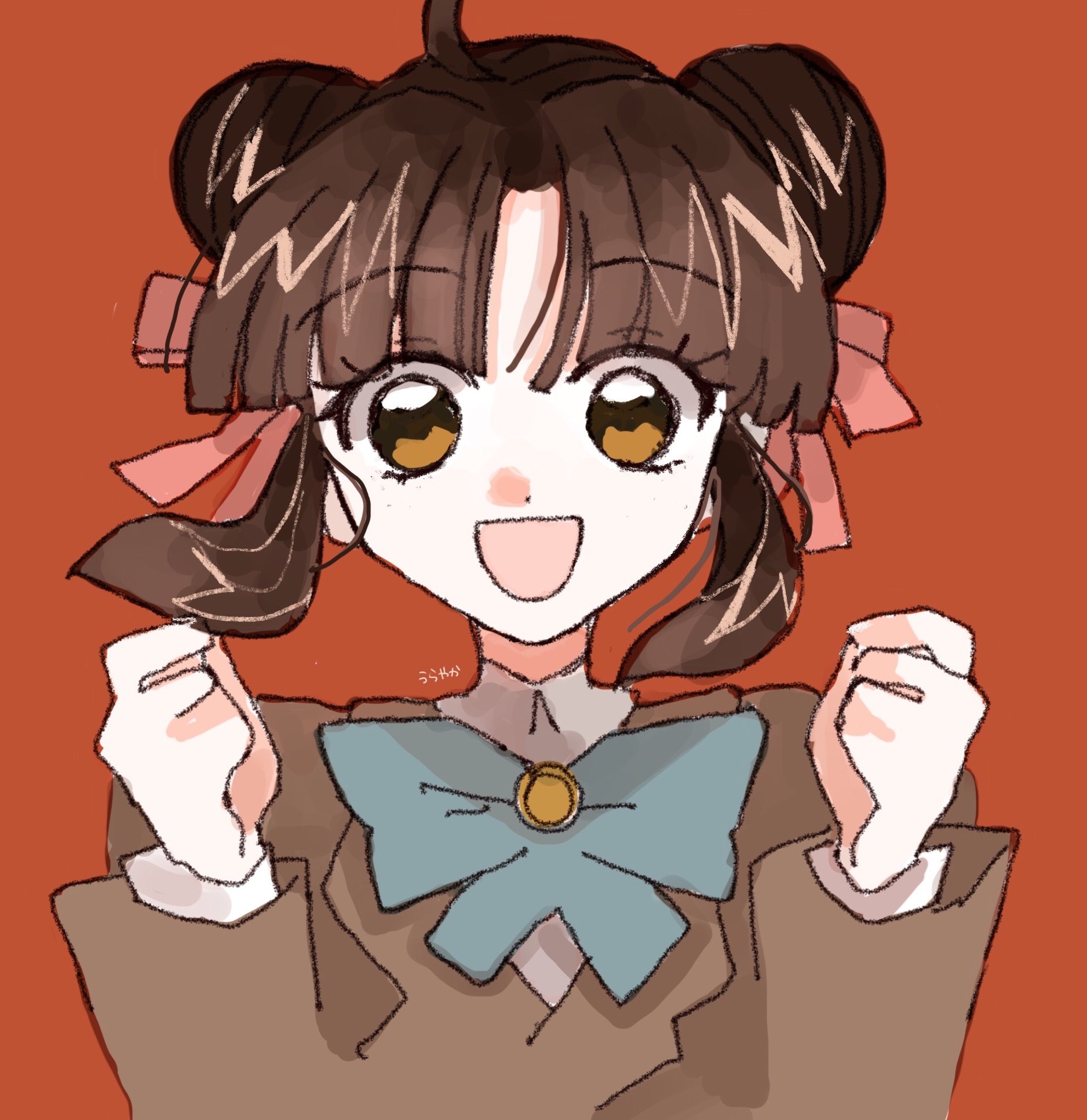 urayaka, original, commentary request, highres, 1girl, :d, ahoge, bow, bowtie, brown eyes, brown hair, brown shirt, curtained hair, dot nose, double bun, hair bow, hair bun, hands up, long sleeves, open mouth, parted bangs, pink bow, red background, shirt, sidelocks, simple background, smile, solo, tareme, upper body