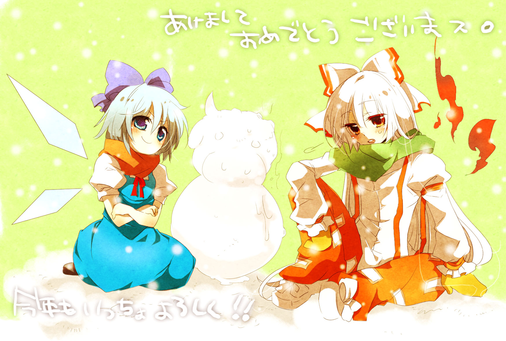 uru uzuki, yuzuki (pixiv), cirno, fujiwara no mokou, perfect cherry blossom, touhou, silver hair, bad id, bad pixiv id, highres, translation request, 2girls, blue eyes, cow, crossed arms, female focus, long hair, mittens, multiple girls, red eyes, ribbon, scarf, short hair, sigh, sitting, snowman, wings, winter