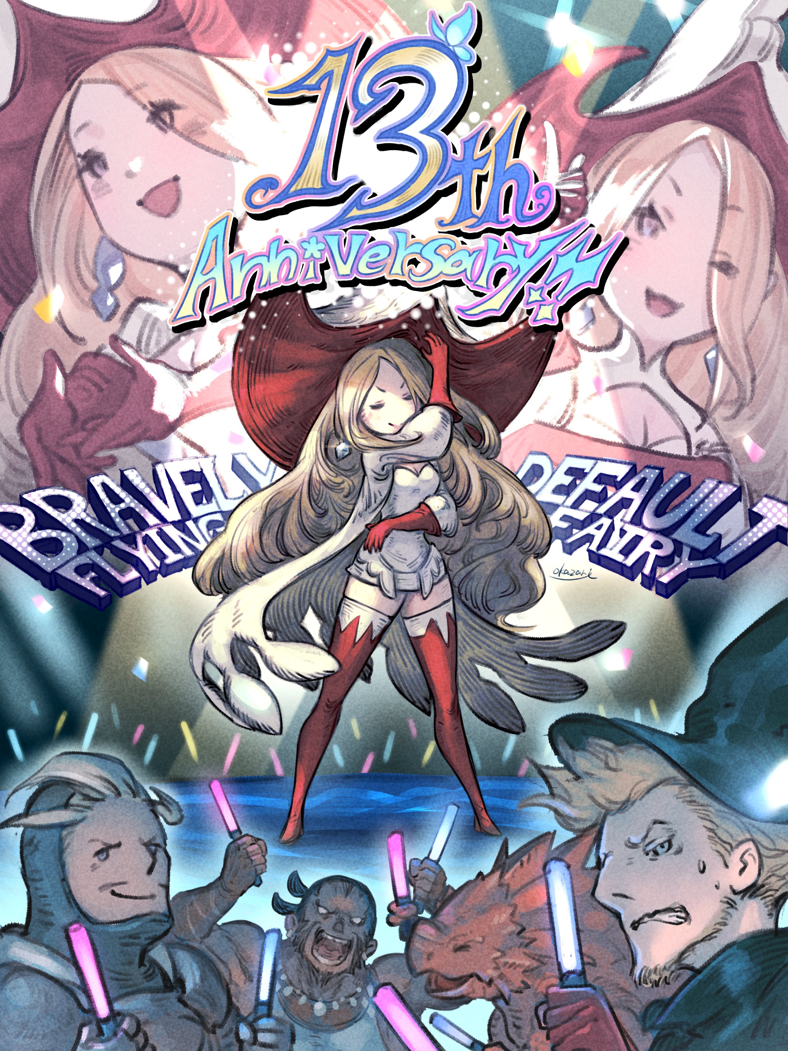 ikusy, argent heinkel, barras lehr, holly white, ominas crowe, bravely default: flying fairy, bravely default (series), absurdres, highres, official art, 1girl, 3boys, anniversary, blonde hair, boots, breasts, dragon, earrings, gloves, glowstick, hat, jewelry, long hair, multiple boys, open mouth, spotlight, thigh boots
