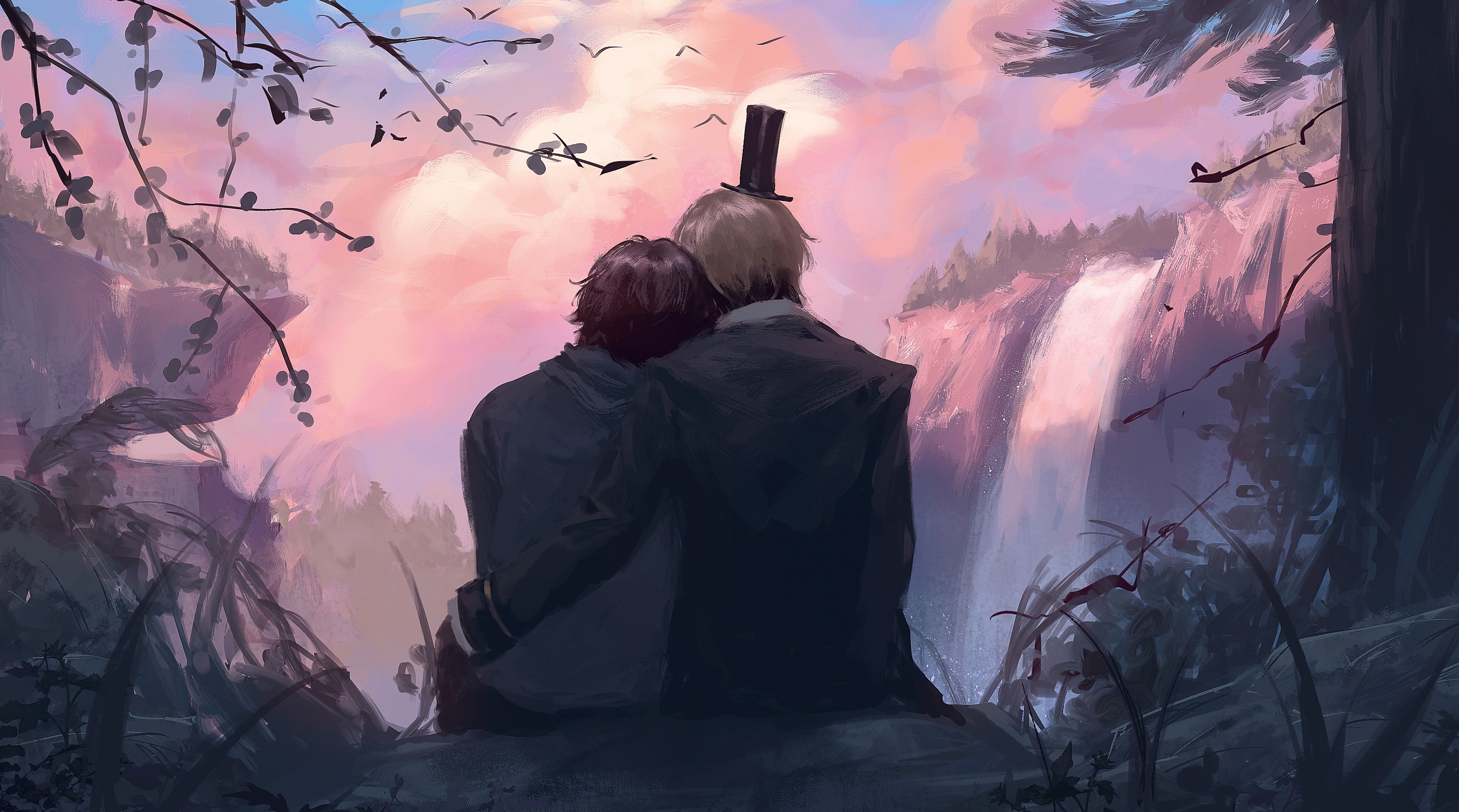 suikamelony, bill cipher, dipper pines, gravity falls, absurdres, highres, 2boys, aged up, blonde hair, brown hair, hat, hood, hoodie, male focus, multiple boys, painterly, personification, realistic, short hair, sitting, top hat, tree, water, waterfall, yaoi