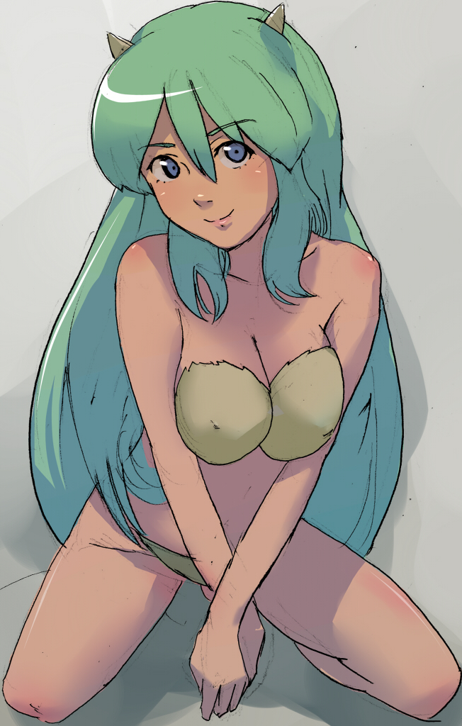 pu-chin, lum, urusei yatsura, bad id, bad pixiv id, 1girl, bare shoulders, bikini, blue eyes, breasts, cleavage, cone horns, female focus, green bikini, green hair, horns, kneeling, large breasts, long hair, smile, solo, swimsuit