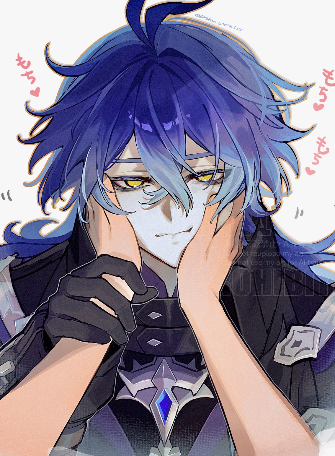sky yoichi, flins (genshin impact), genshin impact, commentary request, highres, 1boy, 1other, ahoge, black gloves, blue gemstone, closed mouth, crossed bangs, double-parted bangs, gem, gloves, hand on another's arm, hands on another's face, heart, light smile, looking at viewer, male focus, out of frame, solo focus, upper body, watermark, white background, yellow eyes