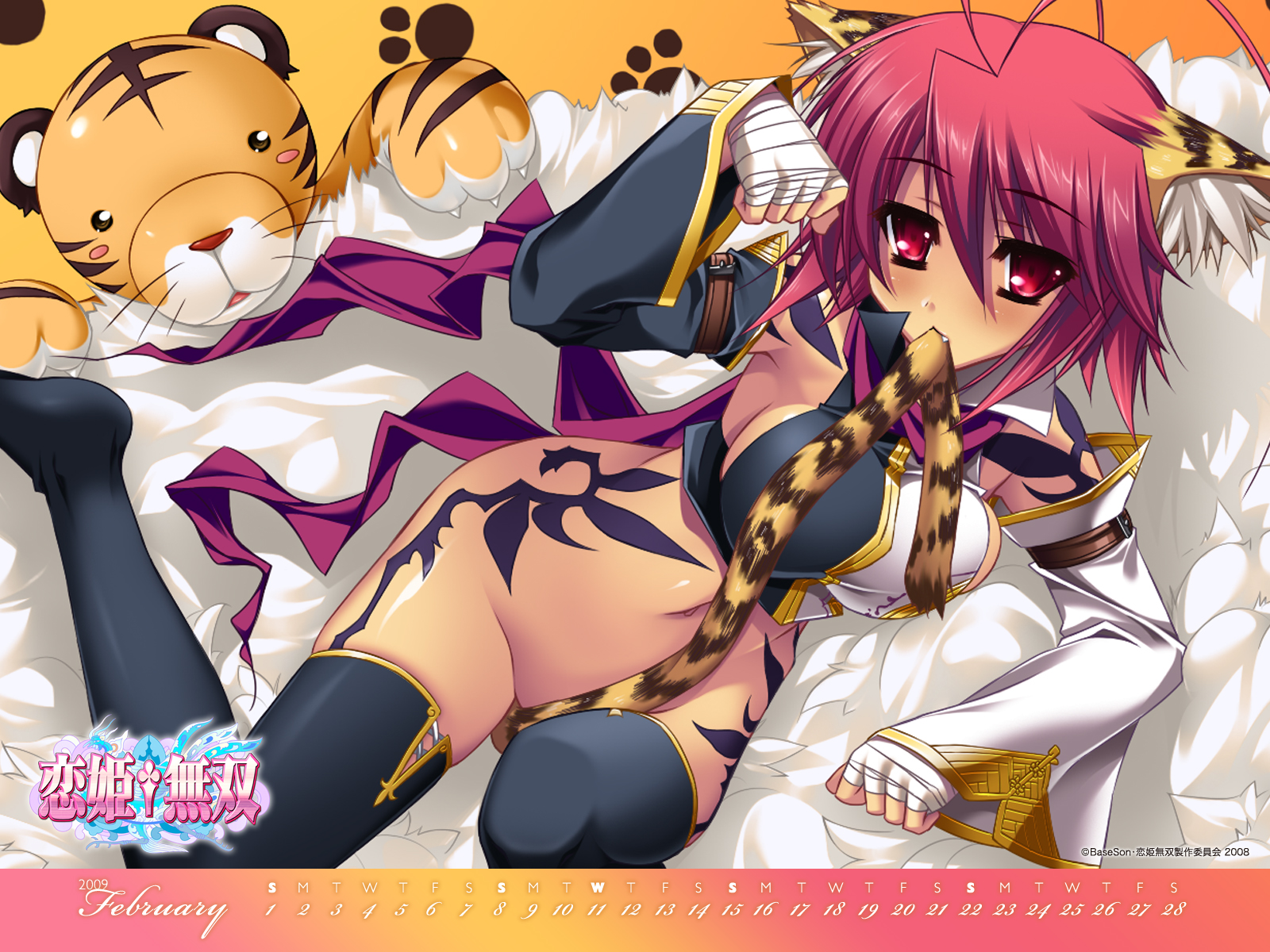katagiri hinata, ryofu (koihime musou), koihime musou, highres, official art, 00s, 1girl, 2009, animal costume, animal ears, animal print, bandages, bottomless, calendar, cat ears, censored, convenient censoring, copyright name, costume, detached sleeves, fang, february, female focus, looking at viewer, lying, mouth hold, no panties, paw pose, red eyes, red hair, short hair, solo, tail, thighhighs, tiger, tiger costume, tiger ears, tiger print, tiger tail, watermark