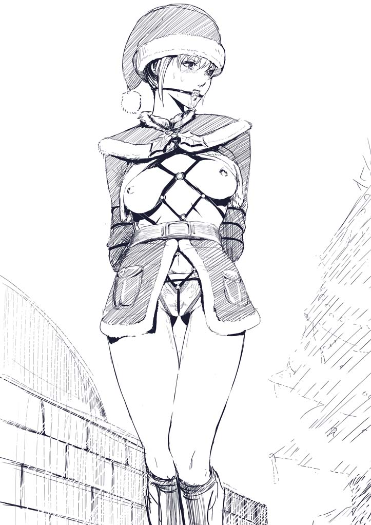 hume (artist), final fantasy, final fantasy xi, 00s, 1girl, ball gag, bdsm, blush, bondage, bound, breasts, christmas, female focus, gag, gagged, greyscale, hume, humiliation, monochrome, nipples, pussy juice, saliva, santa costume, solo, sweat, wet, wiffle gag