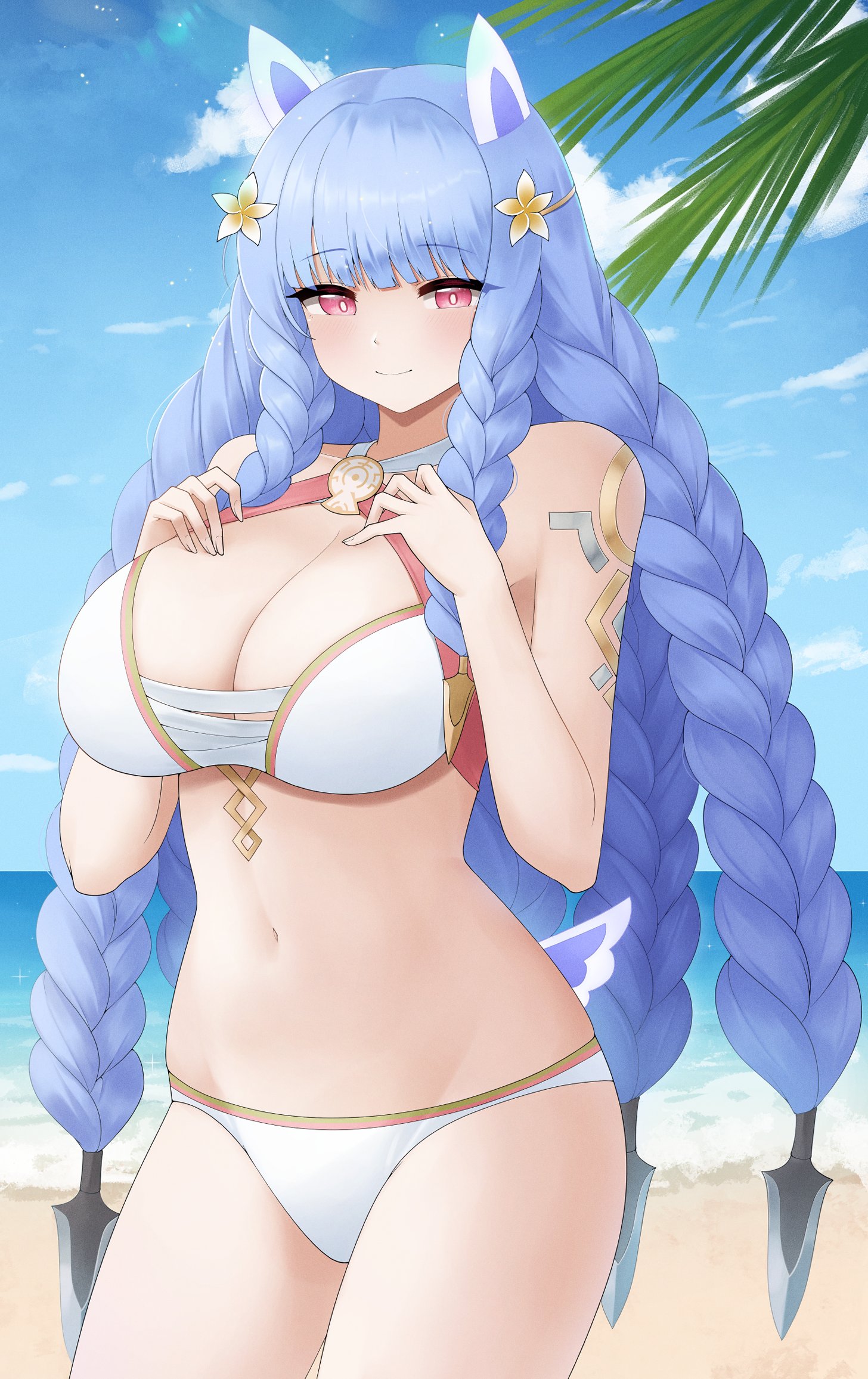doiparuni, heidrun (fire emblem), heidrun (summer) (fire emblem), fire emblem, fire emblem heroes, nintendo, highres, 1girl, bare arms, bare shoulders, beach, bikini, blue hair, blue sky, blush, body markings, braid, breasts, cleavage, closed mouth, cloud, collarbone, flower, hair flower, hair ornament, hands on own chest, large breasts, long hair, looking at viewer, navel, ocean, official alternate costume, outdoors, palm leaf, palm tree, red eyes, sky, smile, solo, stomach, swimsuit, thighs, tree, very long hair, water, white bikini