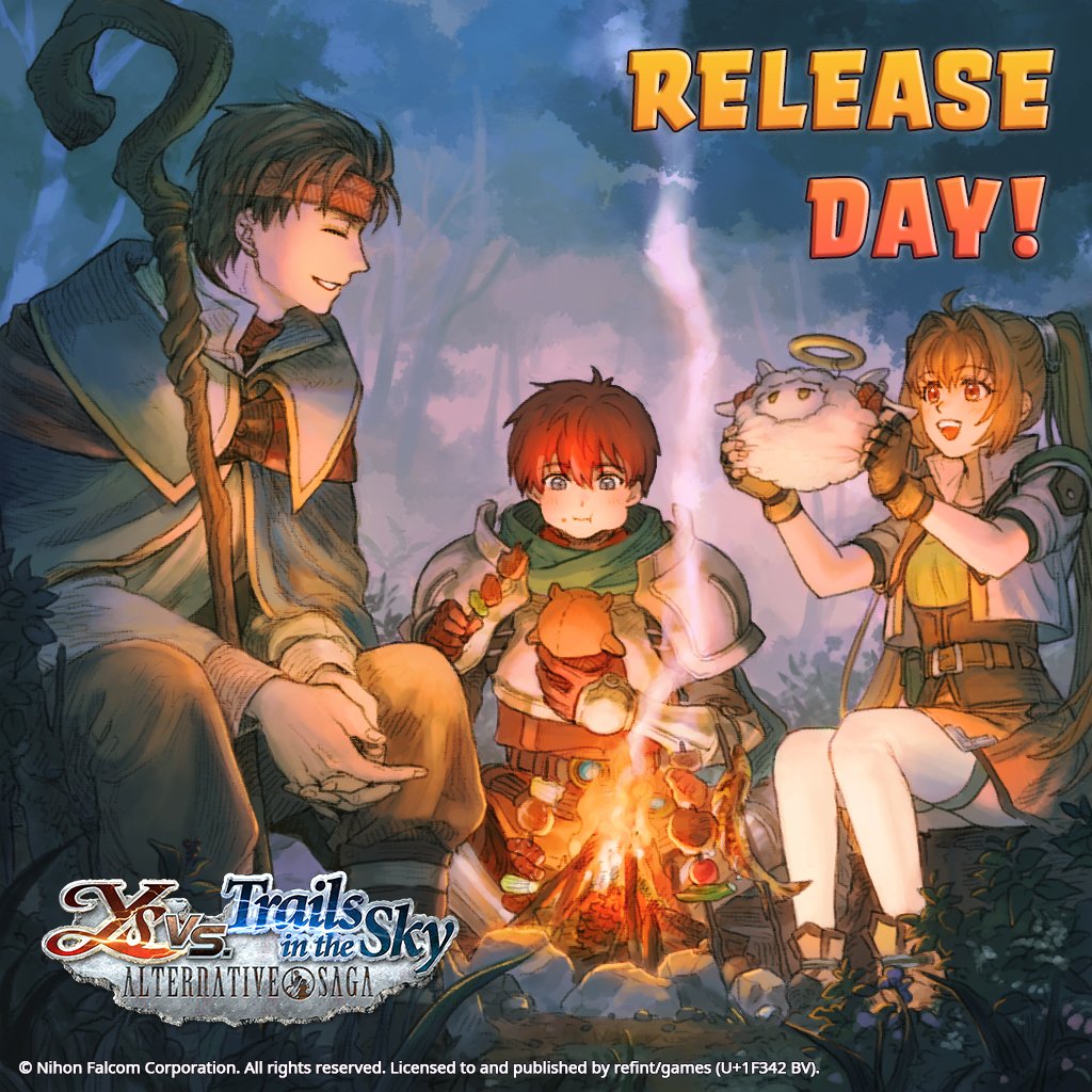 gahatree, adol christin, estelle bright, michel lap haven, eiyuu densetsu, shiroki majo, sora no kiseki, ys, ys vs. sora no kiseki: alternative saga, commentary, english commentary, official art, 1girl, 2boys, :d, black hair, brown gloves, brown hair, campfire, closed eyes, eating, fingerless gloves, fire, gloves, headband, logo, long hair, multiple boys, open mouth, parted lips, red hair, red headband, release celebration, short hair, sitting, smile, staff, thighhighs, twintails, white thighhighs