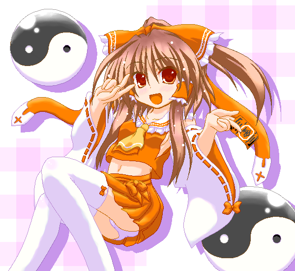 marimo (artist), hakurei reimu, touhou, 1girl, female focus, looking at viewer, miniskirt, oekaki, open mouth, panties, pantyshot, pleated skirt, skirt, smile, solo, thighhighs, underwear, v