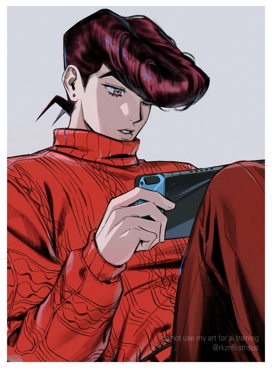 rkznfksthsus, higashikata josuke, diamond wa kudakenai, jojo no kimyou na bouken, commentary, highres, symbol-only commentary, 1boy, black hair, border, brown eyes, cable knit, eyelashes, grey background, handheld game console, holding, holding handheld game console, lips, long sleeves, looking down, male focus, nintendo switch, pants, parted lips, pompadour, red pants, red sweater, short sideburns, sitting, solo, sweater, teeth, turtleneck, turtleneck sweater, watermark, white border