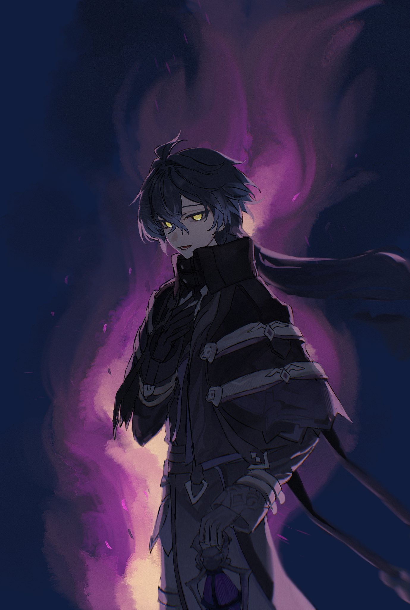 mumu 003, flins (genshin impact), genshin impact, commentary, hashtag-only commentary, highres, 1boy, ahoge, arm up, black coat, black gloves, coat, crossed bangs, double-parted bangs, floating hair, gloves, holding, holding lantern, lantern, long hair, long sleeves, male focus, open mouth, sleeve cuffs, smile, solo, standing, very long hair, yellow eyes