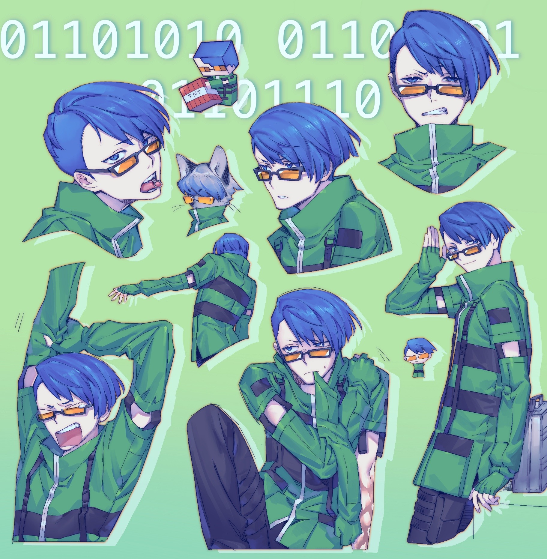 shirato jin, persona, persona 3, commentary, english commentary, highres, 1boy, animalization, binary, black-framed eyewear, black pants, blue eyes, blue hair, chibi, chibi inset, clenched teeth, clothes in mouth, collared jacket, cropped legs, cropped shoulders, cropped torso, detached sleeves, drop shadow, explosive, fingerless gloves, from behind, from side, glasses, gloves, green jacket, grenade pin, grenade pin in mouth, grey background, jacket, looking ahead, looking at viewer, looking to the side, male focus, multiple views, open mouth, orange-tinted eyewear, outstretched arm, pants, person and animalization, salute, short hair, simple background, smile, stretching, striped clothes, striped jacket, teeth, tinted eyewear, tkjnbrnrt, tnt, tnt block (minecraft), tongue, tongue out, undercut, yawning