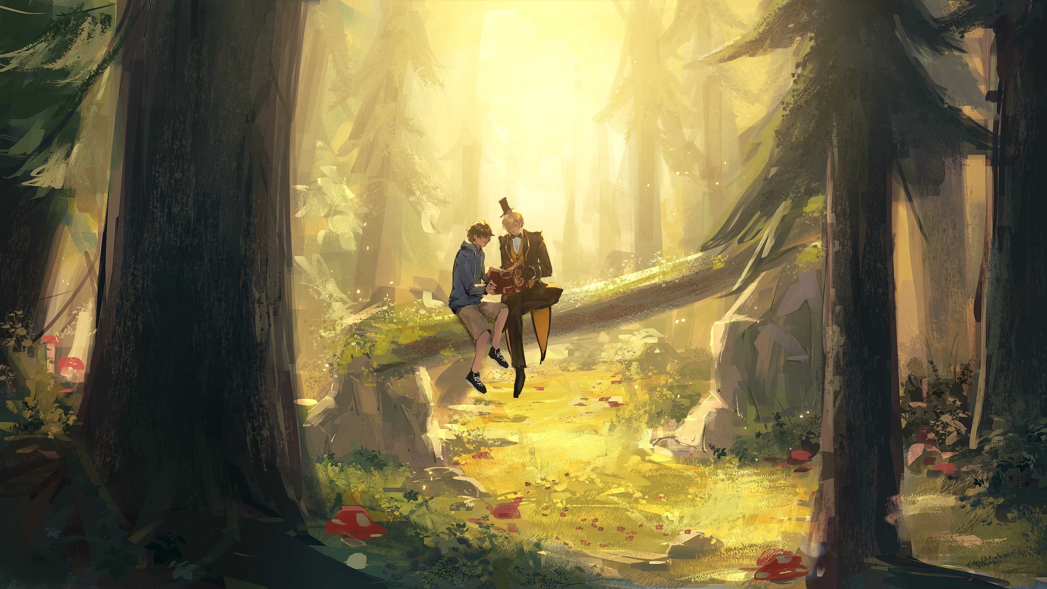 suikamelony, bill cipher, dipper pines, gravity falls, absurdres, highres, 2boys, aged up, blonde hair, book, bow, bowtie, brown hair, forest, formal clothes, hat, hood, hoodie, male focus, multiple boys, mushroom, nature, painterly, pants, personification, shirt, shoes, short hair, shorts, sitting, suit, tailcoat, top hat, tree