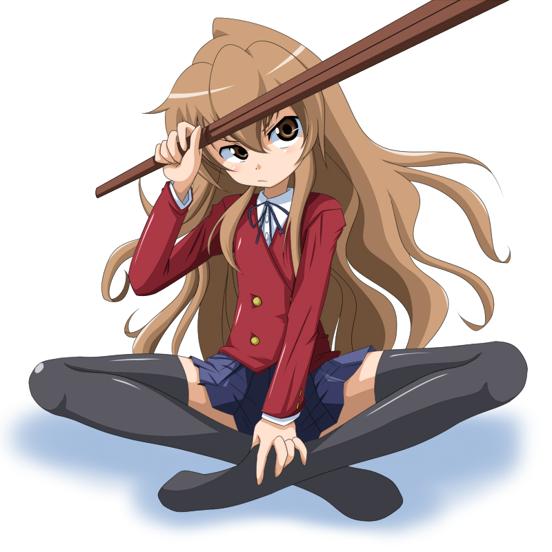 non (number), aisaka taiga, toradora!, 00s, 1girl, bokken, brown eyes, brown hair, female focus, full body, hands on feet, indian style, long hair, plantar flexion, sitting, skirt, solo, sword, thighhighs, weapon, wooden sword, zettai ryouiki