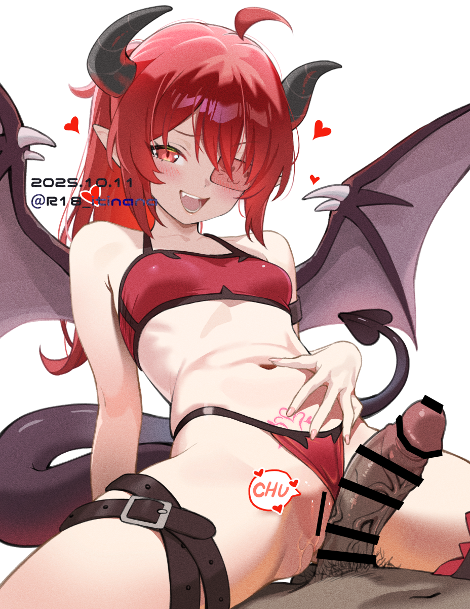 itinana, adav (vadaboob), original, commentary request, commission, highres, skeb commission, 1boy, 1girl, ahoge, armpit crease, bar censor, belt, black horns, black tail, borrowed character, bra, breasts, brown wings, censored, clothing aside, dark-skinned male, dark skin, demon girl, demon horns, demon tail, demon wings, erection, eyepatch, fang, film grain, girl on top, hand on own stomach, hetero, horns, interracial, long hair, looking at viewer, male pubic hair, navel, one eye covered, open mouth, panties, panties aside, penis, pointy ears, ponytail, pubic hair, pubic tattoo, pussy juice, red bra, red eyes, red hair, red panties, small breasts, smile, spiked wings, stomach, tail, tattoo, thigh belt, thigh strap, underwear, underwear only, veins, veiny penis, wings